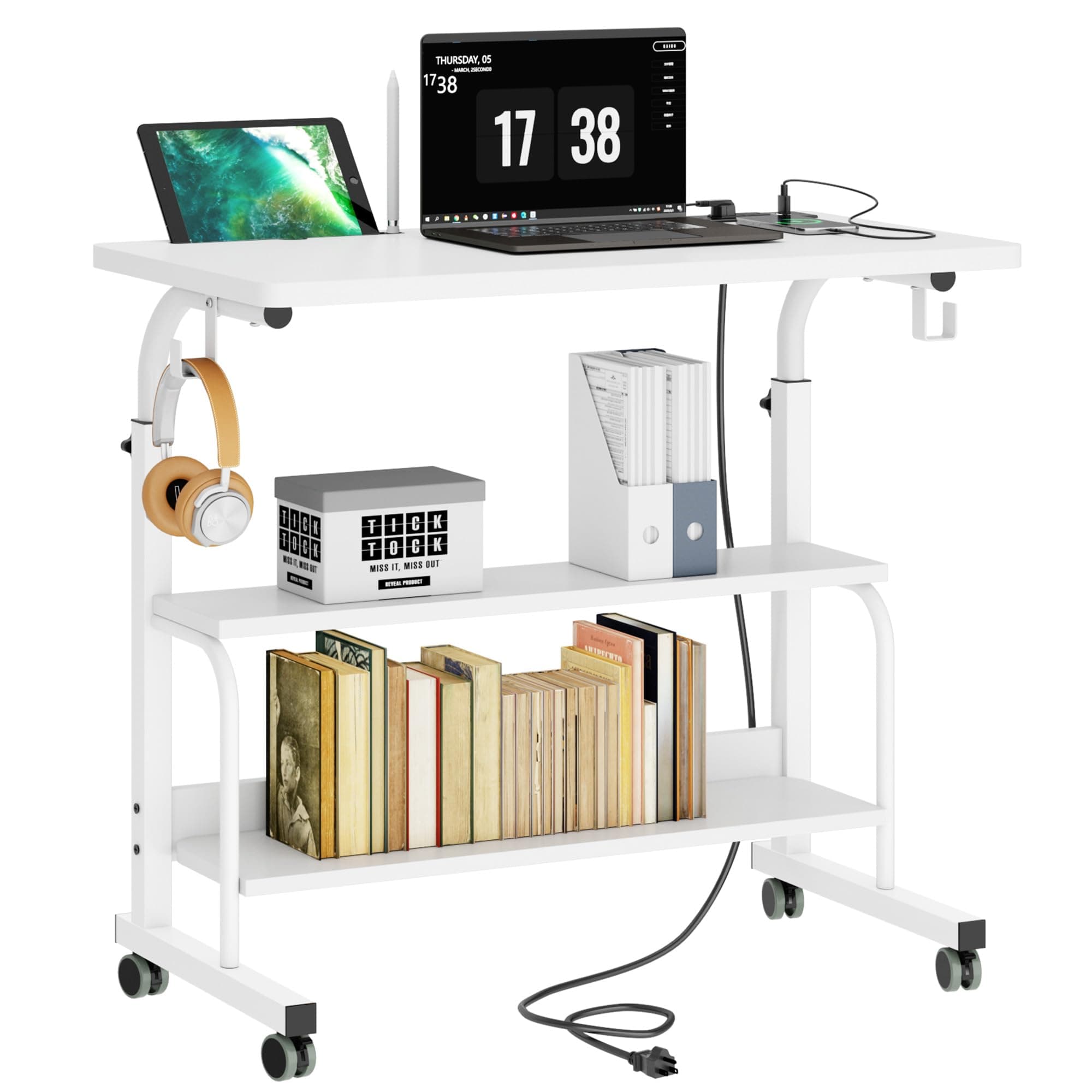 soges 31.4inches Adjustable Mobile Computer Desk Storage Shelves, Portable Laptop Desk Tablet Slot,Rolling Working Desk Home Office Desk,10CZZS05-3-80-PRO(White,31.4 inches with Storage)