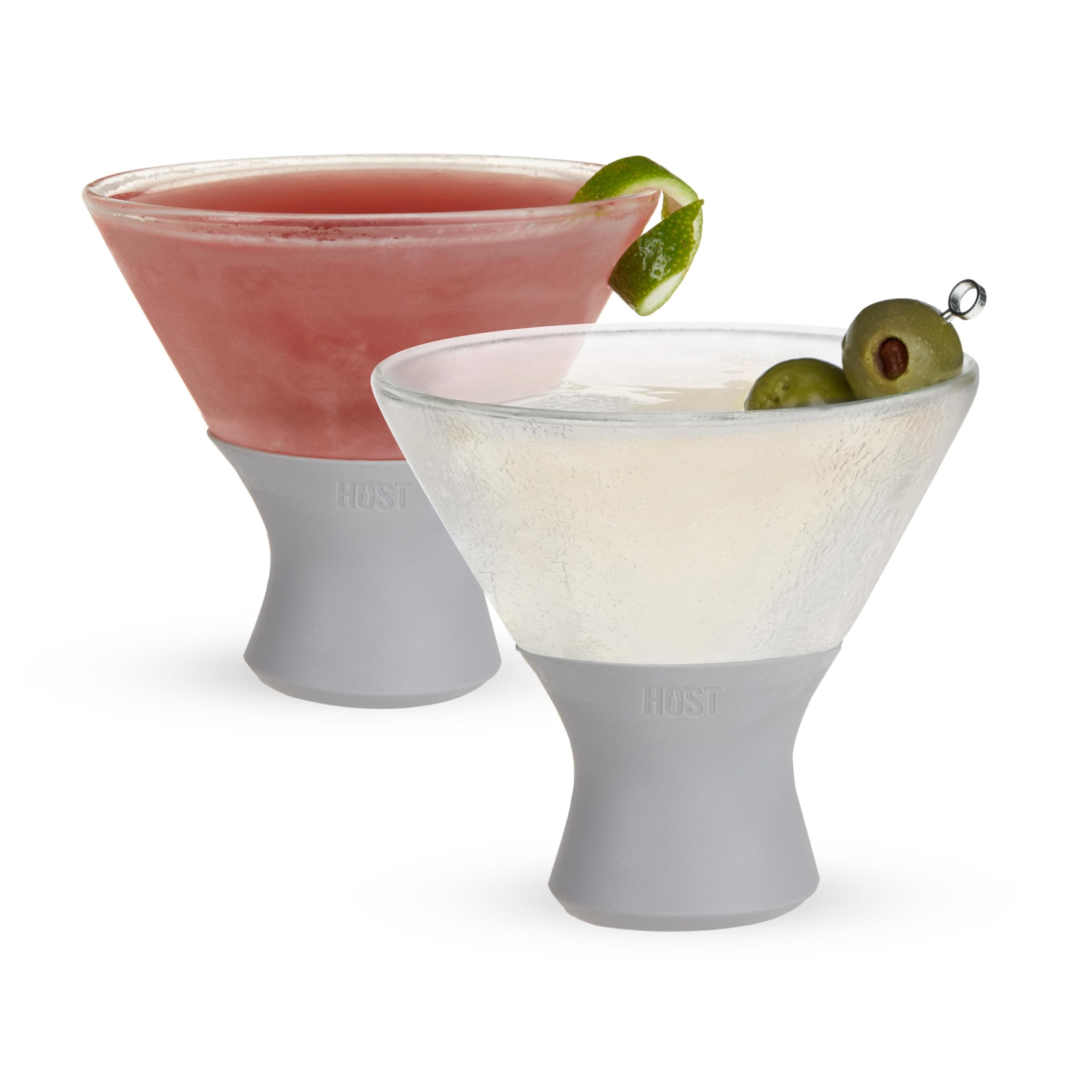 HOST Glass Freeze Martini Glasses Drink Cooler, Insulated Glasses with Silicone Band, Fun Cocktail Glasses with Cooling Gel 9oz Set of 2 in Gray