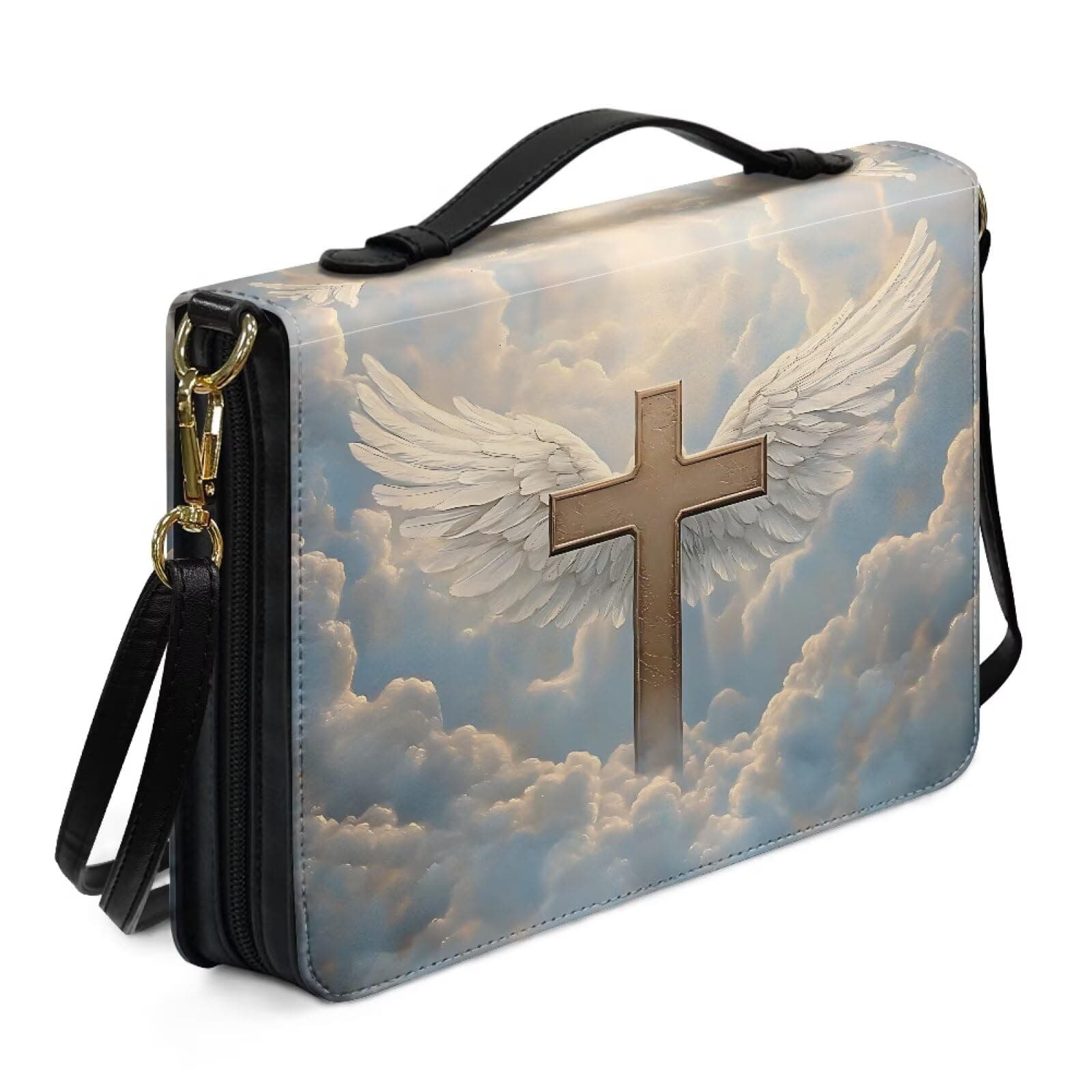 Talayituse Cross Wings Cloud Print Bible Covers for Women Men, Multifunctional Bible Bags with Shoulder Strap, PU Leather Bible Case Book Cover Tote Bag Bible Accessories with Handle, M