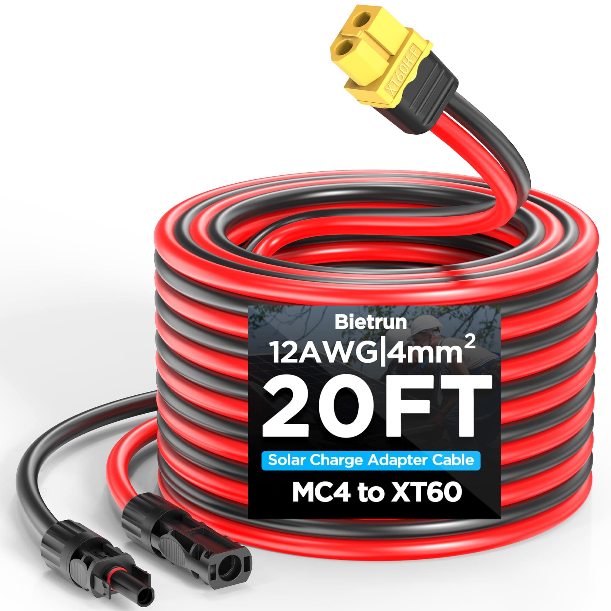Mc4 to Xt60, 20FT Xt60 Connector Solar Charge Cable, 12AWG Pure Copper Solar Panel Mc4 to XT60 Extension Adapter Cable, Waterproof Connectors, for Solar Panel to Battery, RV, Portable Power Station