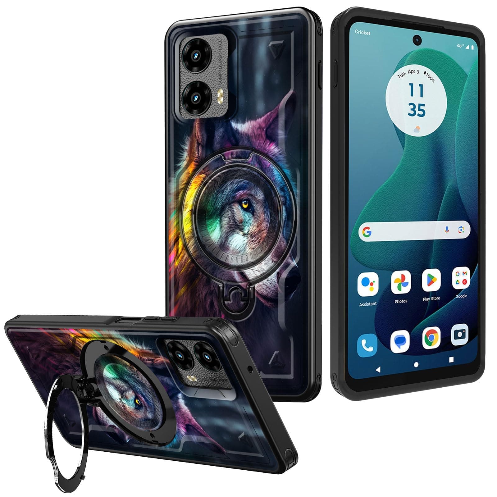for Moto G 5G 2024 Case, Moto G Play 5G 2024 Case with Stand & Ring Holder – Military Drop Protection, Heavy Duty Shockproof Phone Cover for Moto G 5G 2024, Colurful Wolf