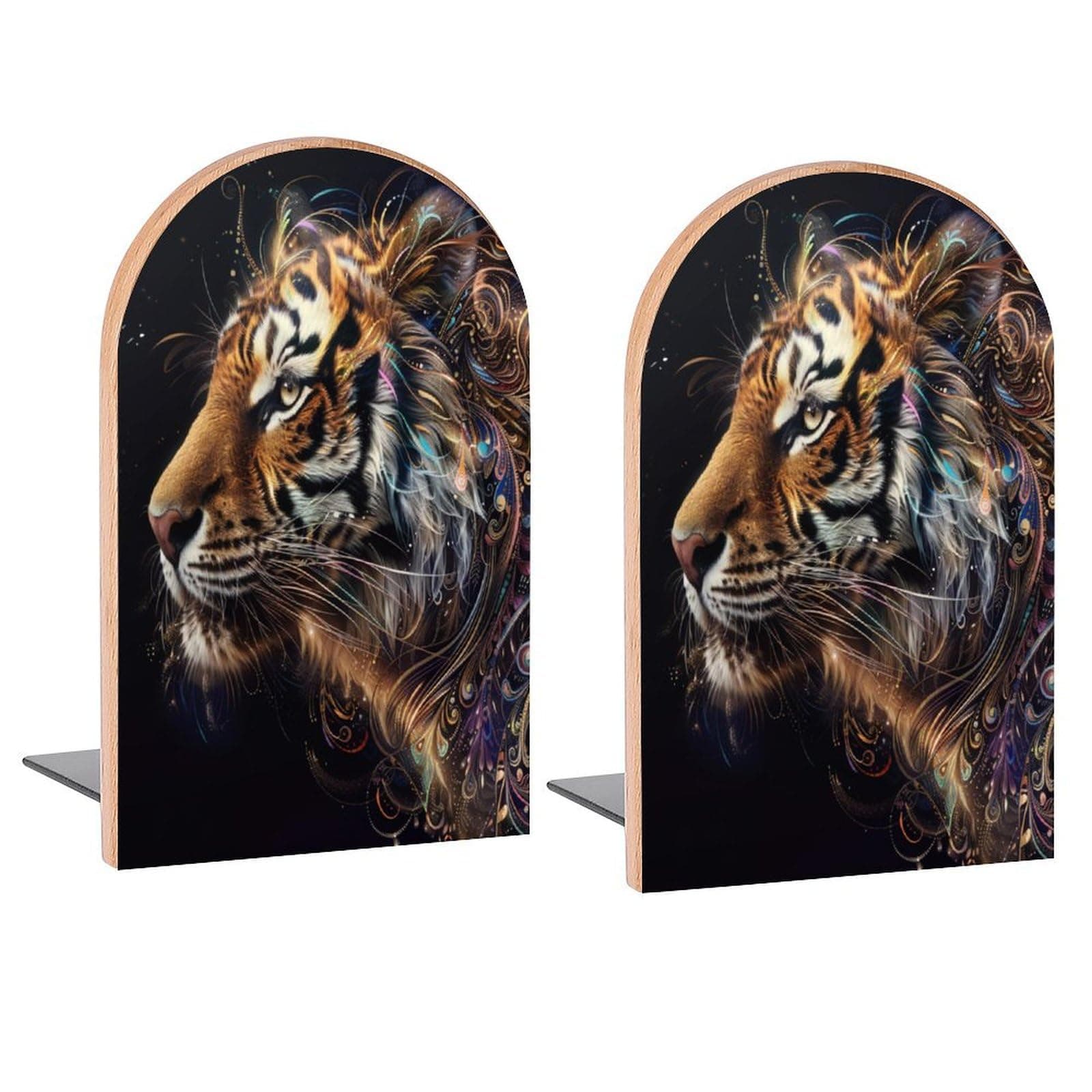 Galaxy Ethnic Tiger Book Ends Decorative Wood Bookends for Shelves Kids Room Desk Home Office Book Stoppers for Books, DVDs, 1 Pair/2 Pieces(5x3.1 in)
