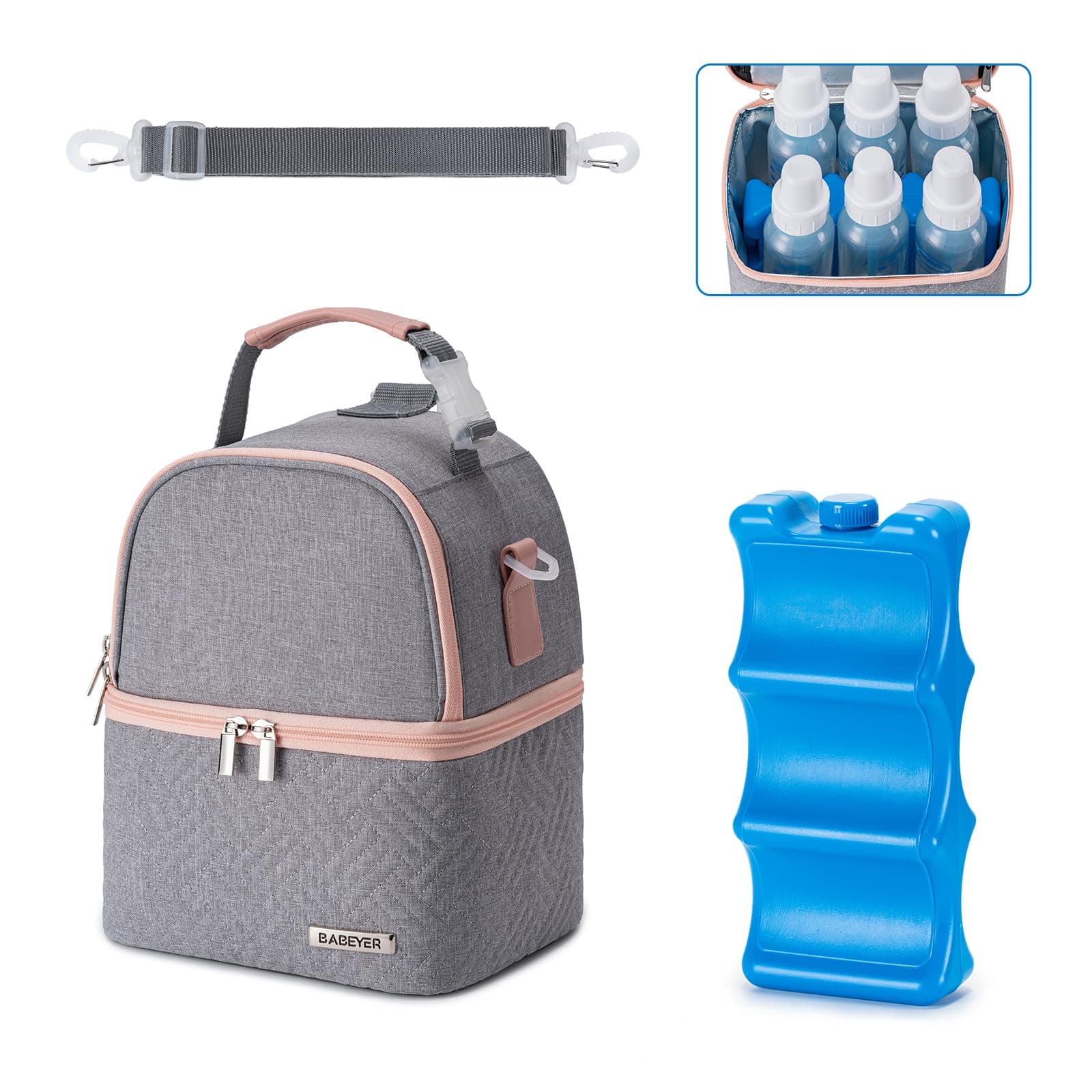 BABEYER Breastmilk Cooler Bag with Ice Pack Fits 6 Baby Bottles up to 9 Ounce, Breast Milk Pump Cooler Bag with Shoulder Strap for Nursing Mom Daycare, Work, Travel- Grey