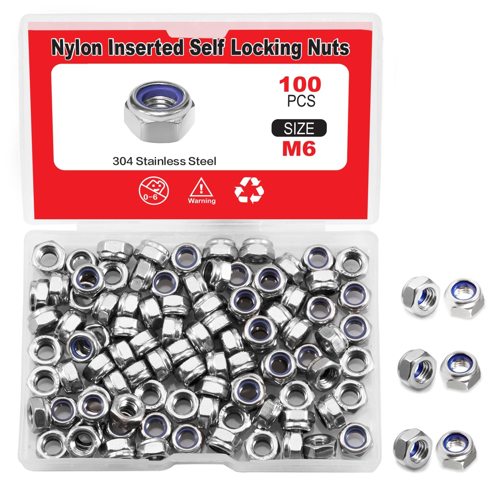 LEONTOOL 100 Pcs M6 x 1.0mm Nylon Inserted Self Locking Nuts Hex Lock Nuts Assortment 304 Stainless Steel Self Clinching Nuts Finish Hex Lock Nut Plain Finish Inserted Hex with Storage Box