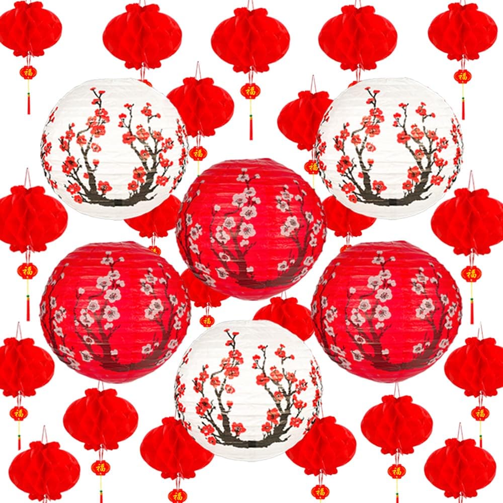 26Pack Chinese Japanese Paper Lanterns Red Cherry Blossom Hanging Paper Lantern Decoration, 30cm 20cm Hanging Lanterns for Asian Birthday Hibachi Wedding Baby Shower Party Lunar New Year Decor