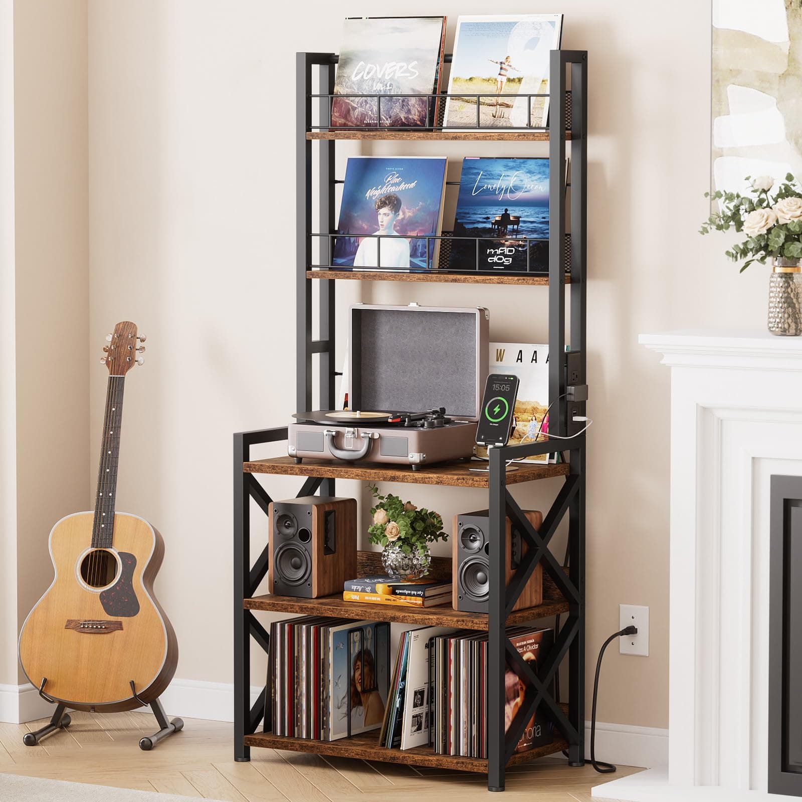 Epouseter Record Player Stand with Power Outlet - Turntable Display Shelf