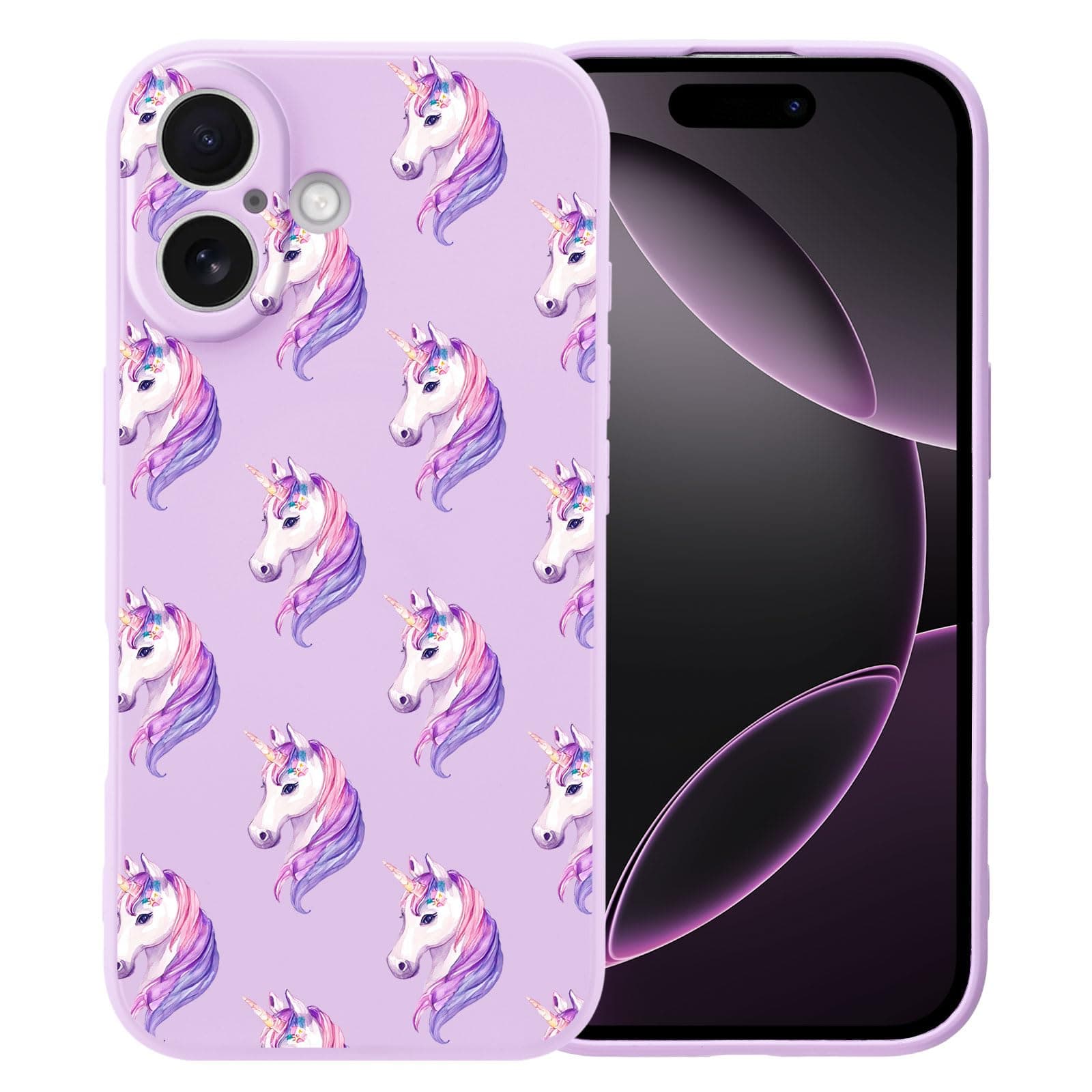 MAYCARI Cute Purple Unicorns Phone Case for iPhone 16 6.3 Inch, Compatible with Magsafe, Slim Fit Liquid Silicone Soft Gel Rubber Cover with Microfiber Lining Shockproof Protective Phone Case