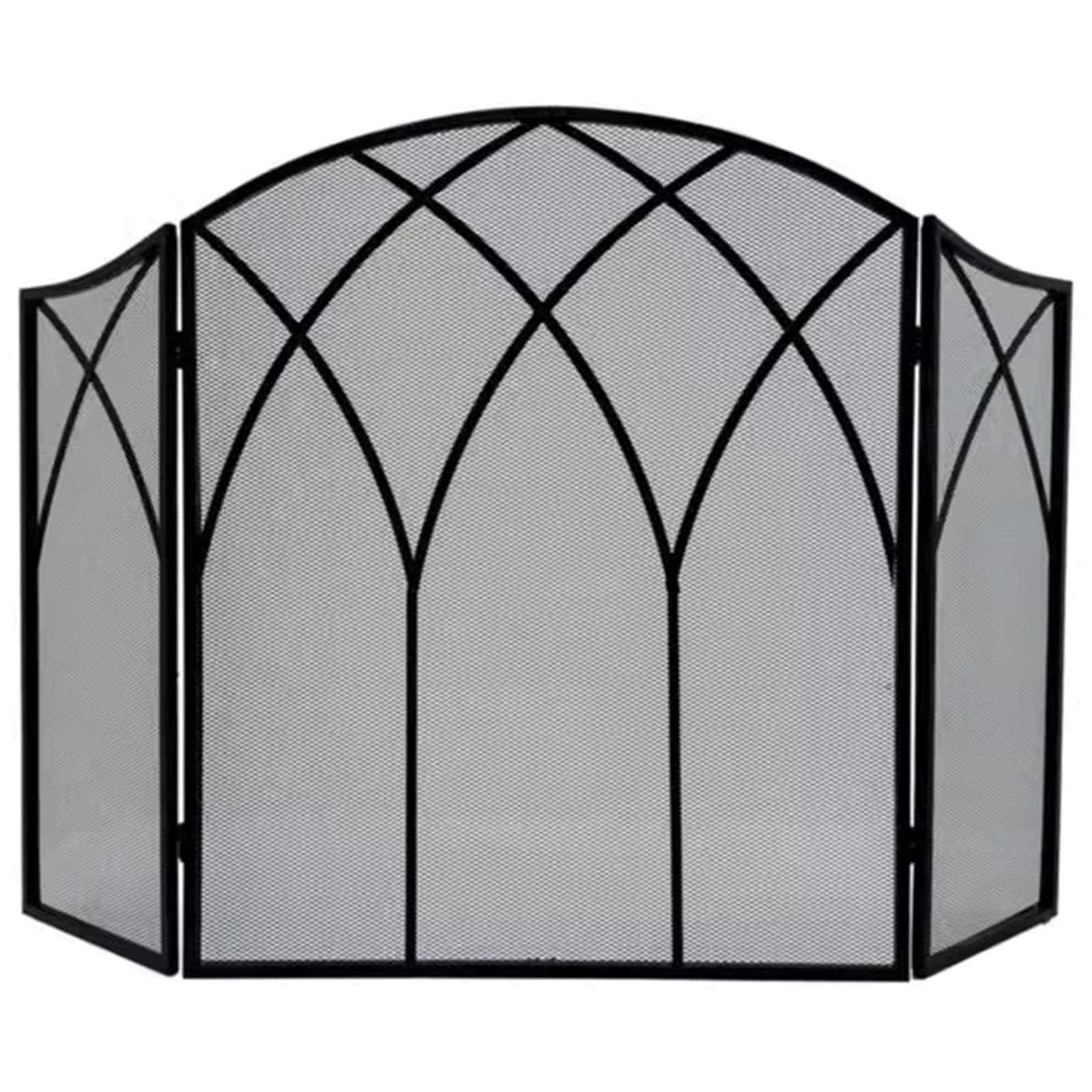 3-Panel Arched Fireplace Screen Decorative - Handcrafted Scroll Wrought Iron Fireplace Spark Guard Cover - Wood Stove Accessories, 50.4" x 31.5", Black