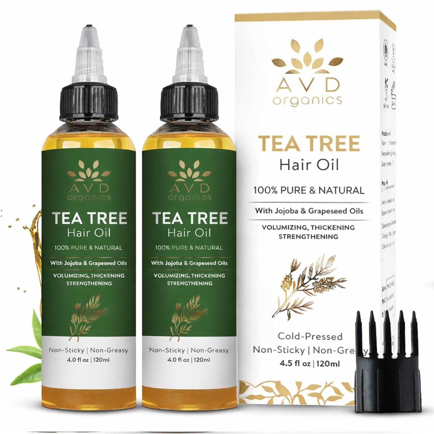 AVD Organics Tea Tree Hair Oil 120 ml (Pack of 2) – Tea Tree Infused with Jojoba & Grapeseed Oils | Nourishing & Strengthening Oil | 4.0 fl oz Each