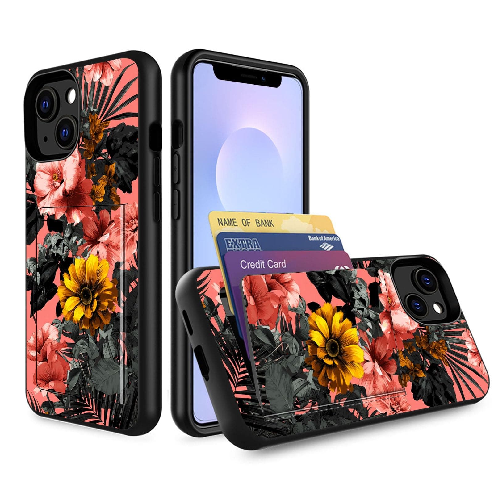 ZQLPLZR for iPhone 12 Mini Case with Card Holder,Heavy Duty Protective Dual Layer Shockproof Hidden Card Slot Slim Wallet Case for iPhone 12 Mini,Hibiscus and Leaf