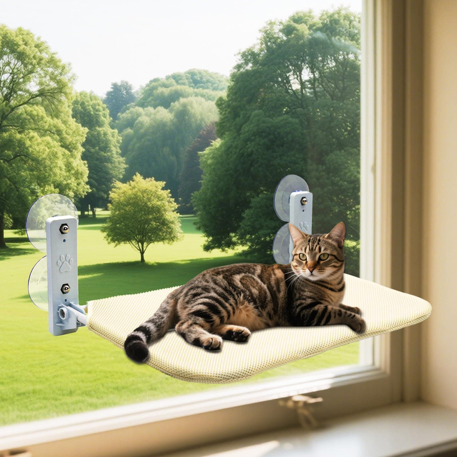 Large Beige Mesh Cat Window Perch – Cordless Foldable Hammock Bed, Zip‑Off Machine Washable Cover, Sturdy Metal Frame Window Bed for Cats and Kittens