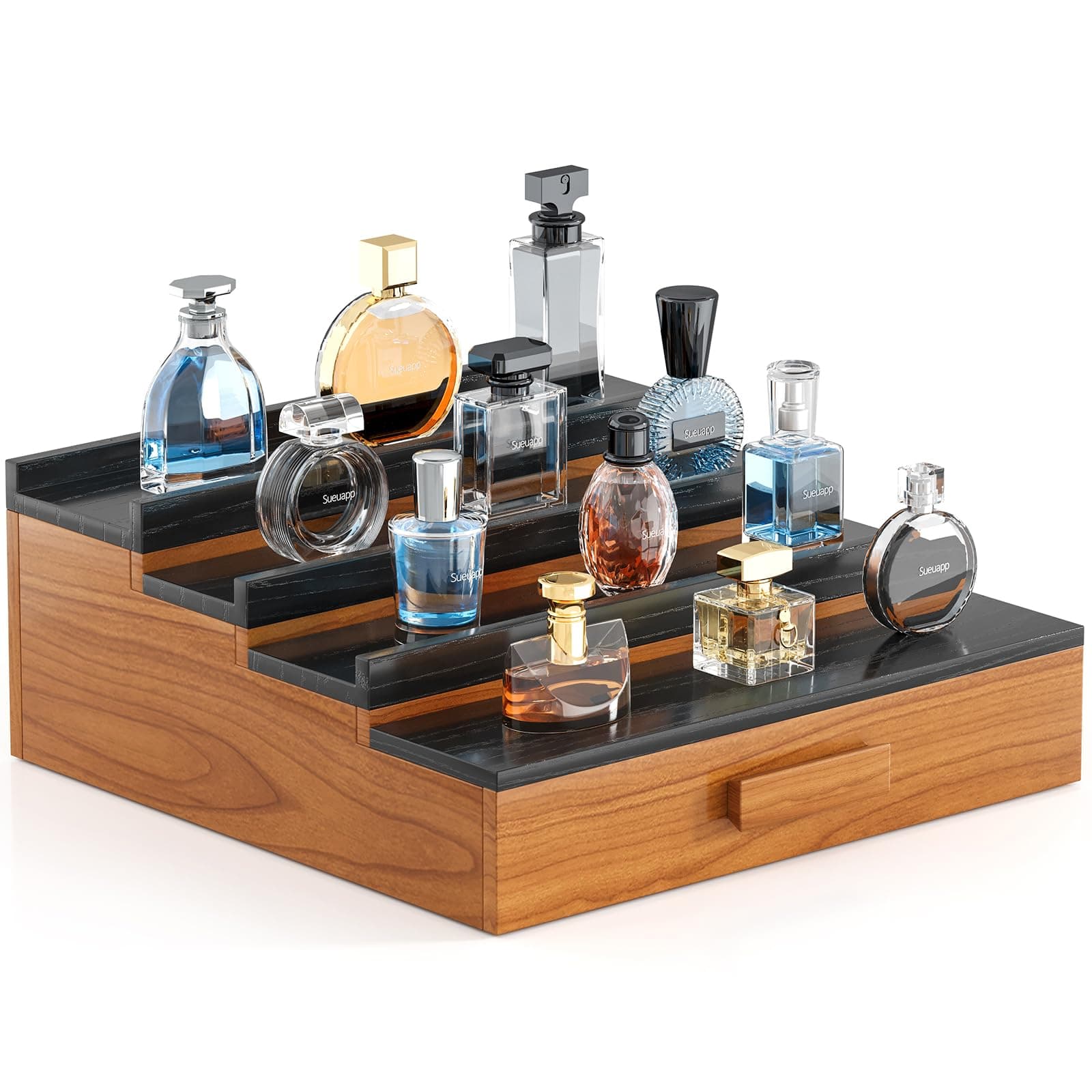 Cologne Organizer for Men,4 Tier Walnut Wood Cologne Stand Display Shelf with Hidden Compartment and Drawer,Perfume Stand Organizer,Perfume Display Holder for Dresser Great Gift for Men Father