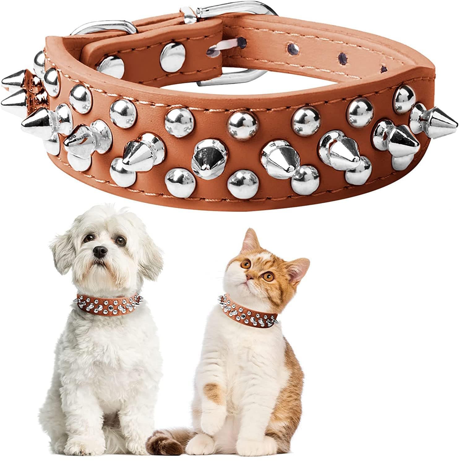 Pimaodog Spiked Studded Dog Collar, Adjustable Soft Leather Puppy Collar for Small Medium Dogs Bulldog Pitbull Mastiff Poodle Boxer (S, Brown-2)