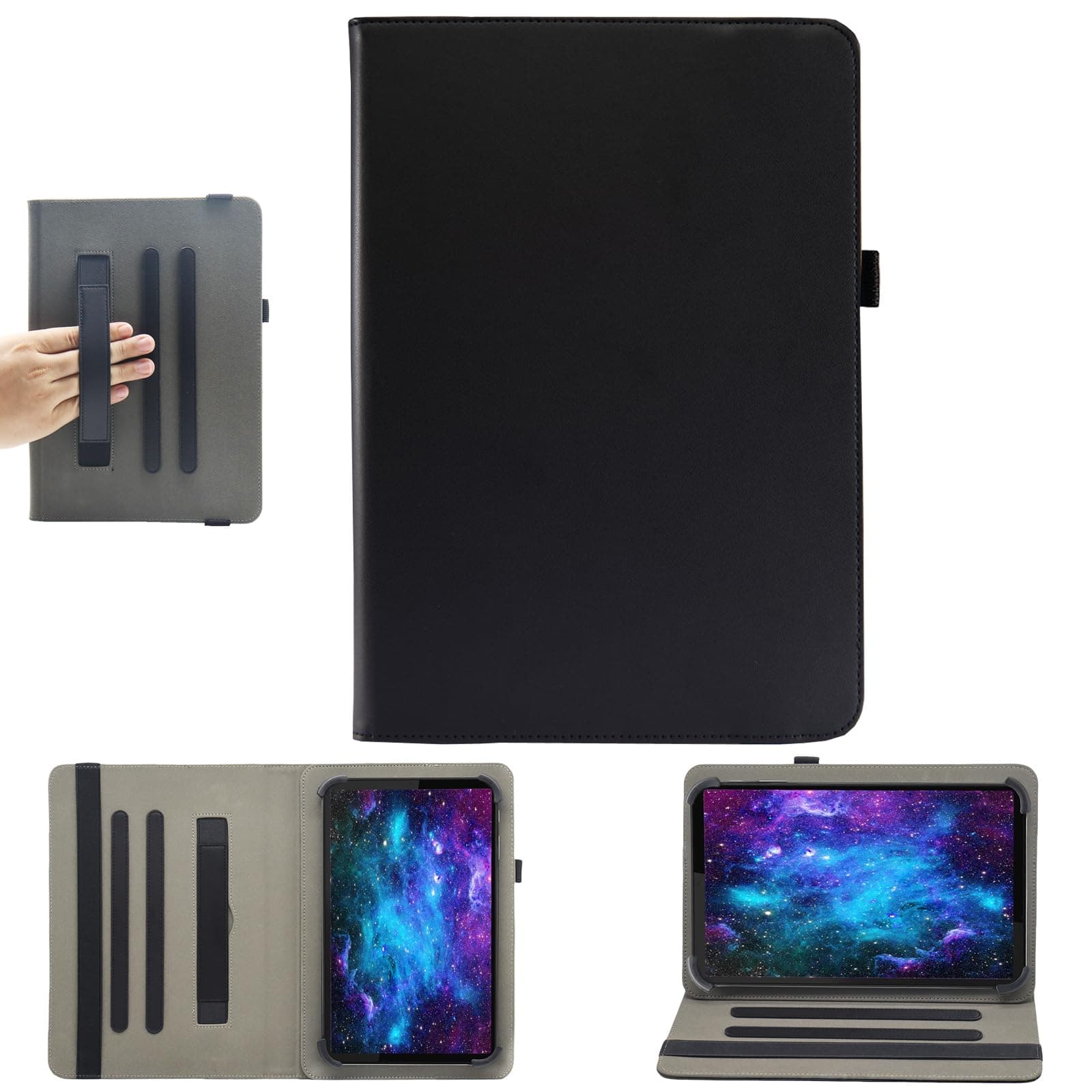 Universal 10 Inch Tablet Case, 10.1 Inch Android Tablet Case, Bbjjkkz Multi-Angle Viewing Stand PU Leather Cover with Hand Strap for 9.5-11 Inch Tablet, Black