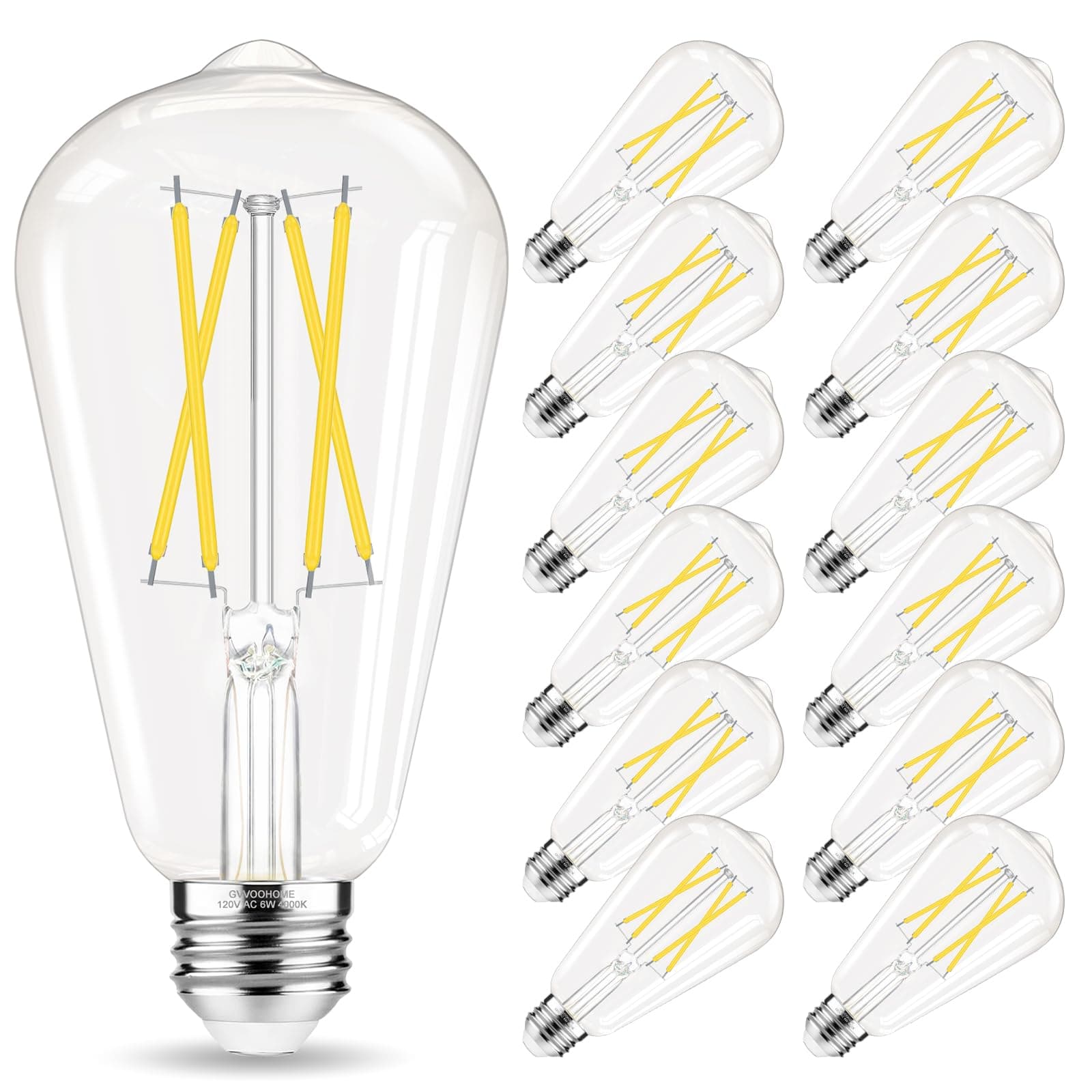 GvvvooHome - foco LED E26 de 60 vatios, bombillas Edison no regulables, luz blanca diurna de 4000 K, bombillas ST58 clásico, 90+ CRI, E26 base media, vidrio transparente, paquete de 12