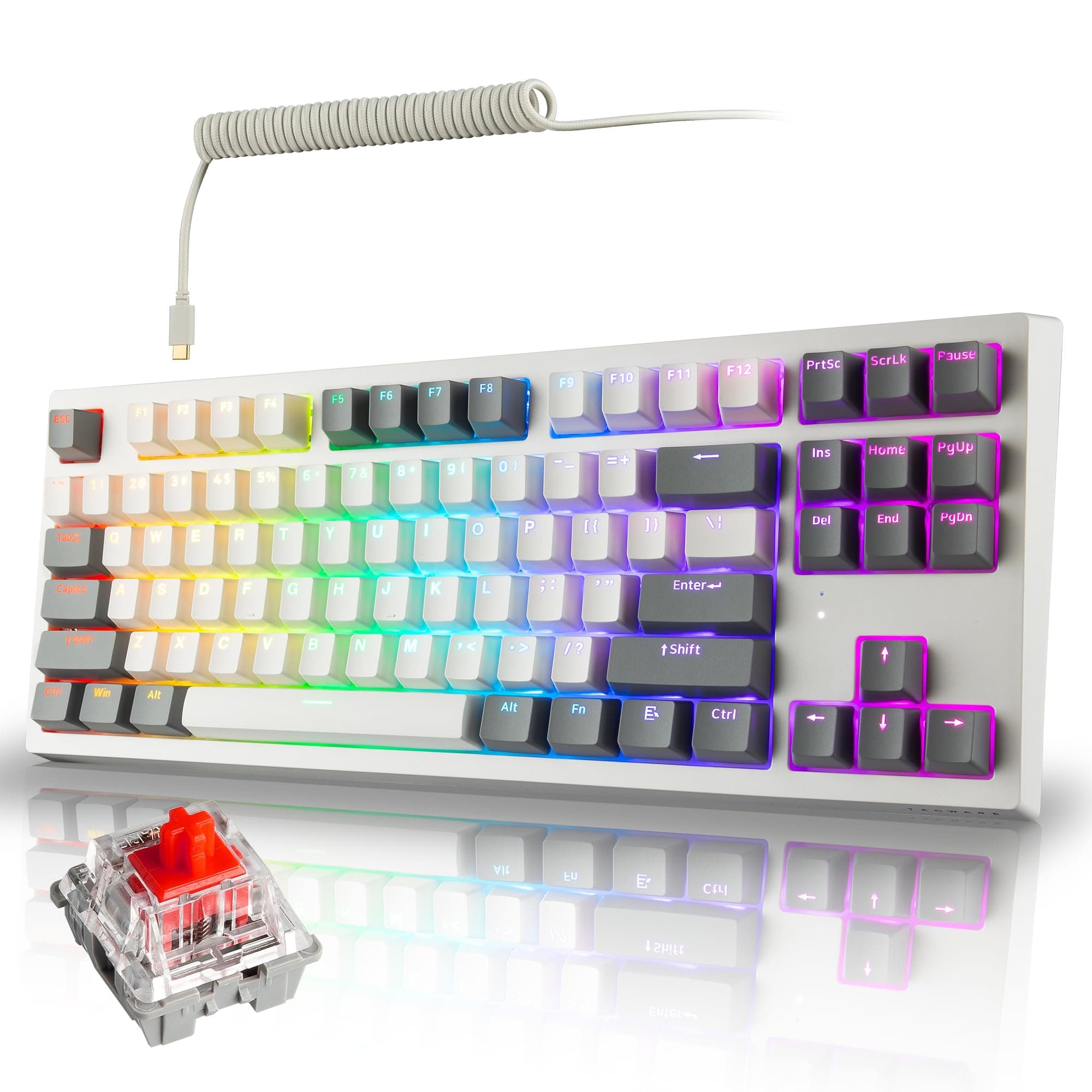 TECWARE Phantom+ Elite 87 Key RGB Mechanical Gaming Keyboard | 3 Mode Wireless Bluetooth 5.0 2.4GHz & USB C Wired | Hot Swappable 5 Pin | Double Shot PBT Keycaps | Wraith Red Switch - White