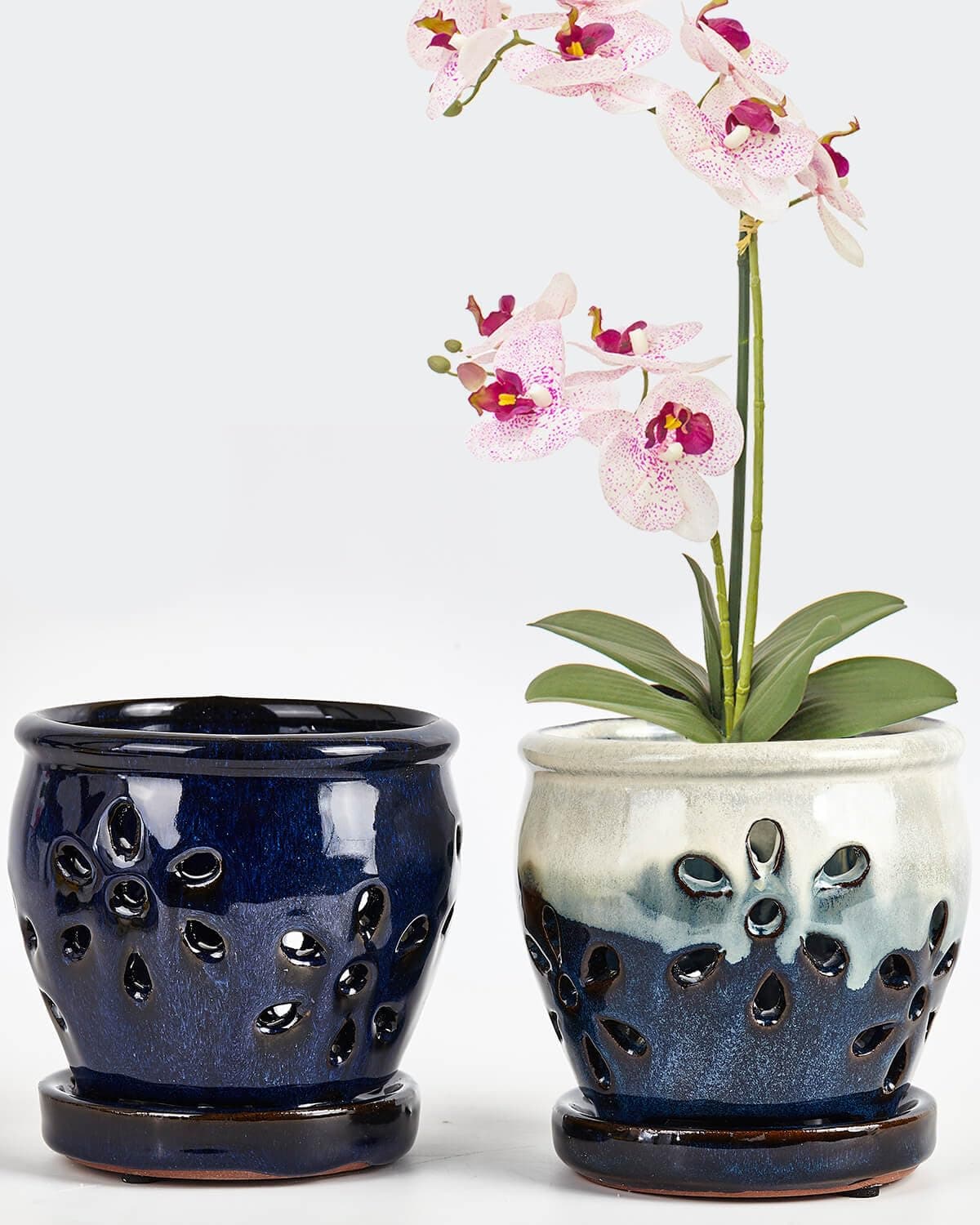 Vensovo 2 Pack 4 Inch Ceramic Orchid Pots with Holes and Saucers, Blue Mix