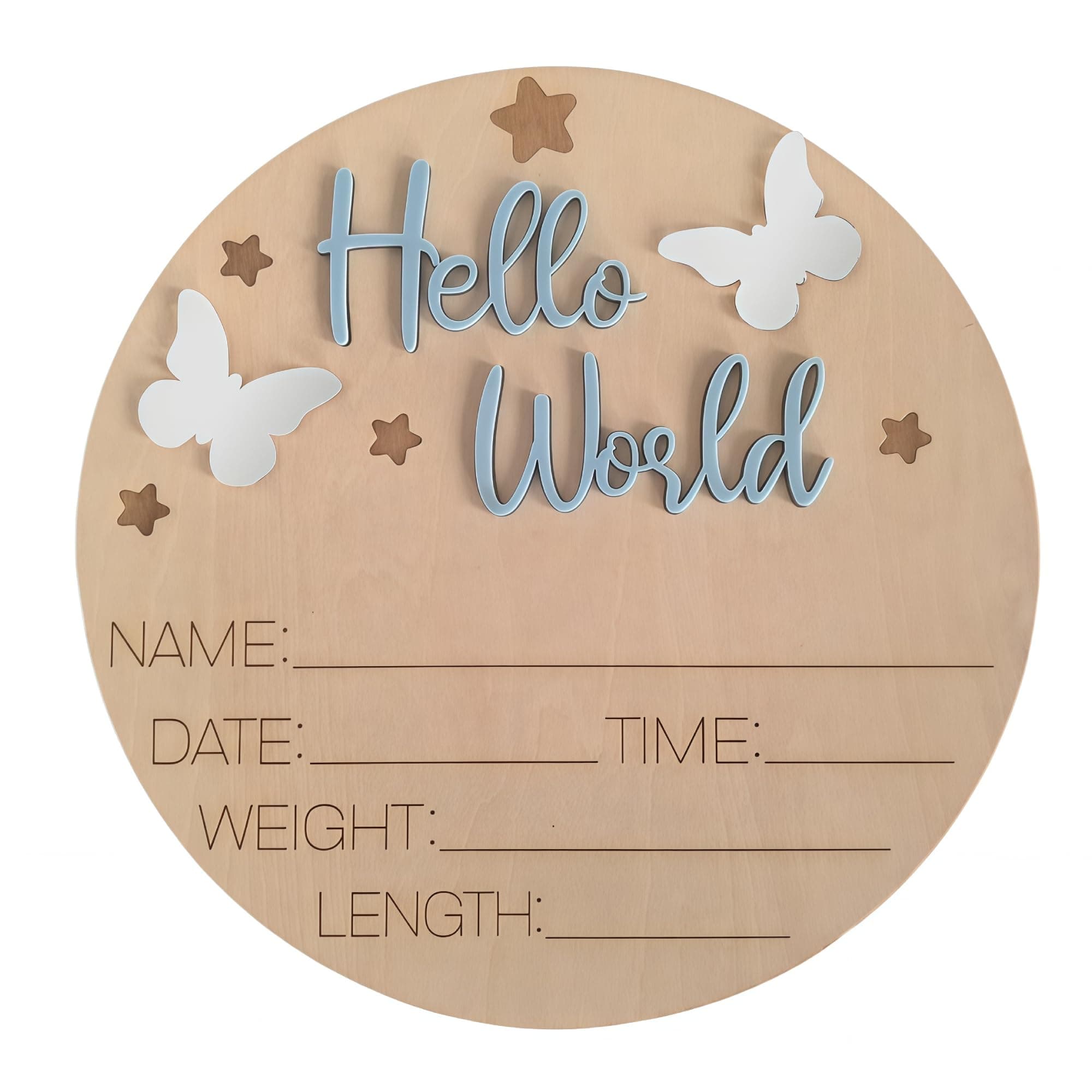 Hello World Baby Announcement Sign, Wooden Newborn Birth Announcement Photo Prop with Space for Baby Name Date Time Weight Length Board, Hospital Nursery Keepsake (Blue)