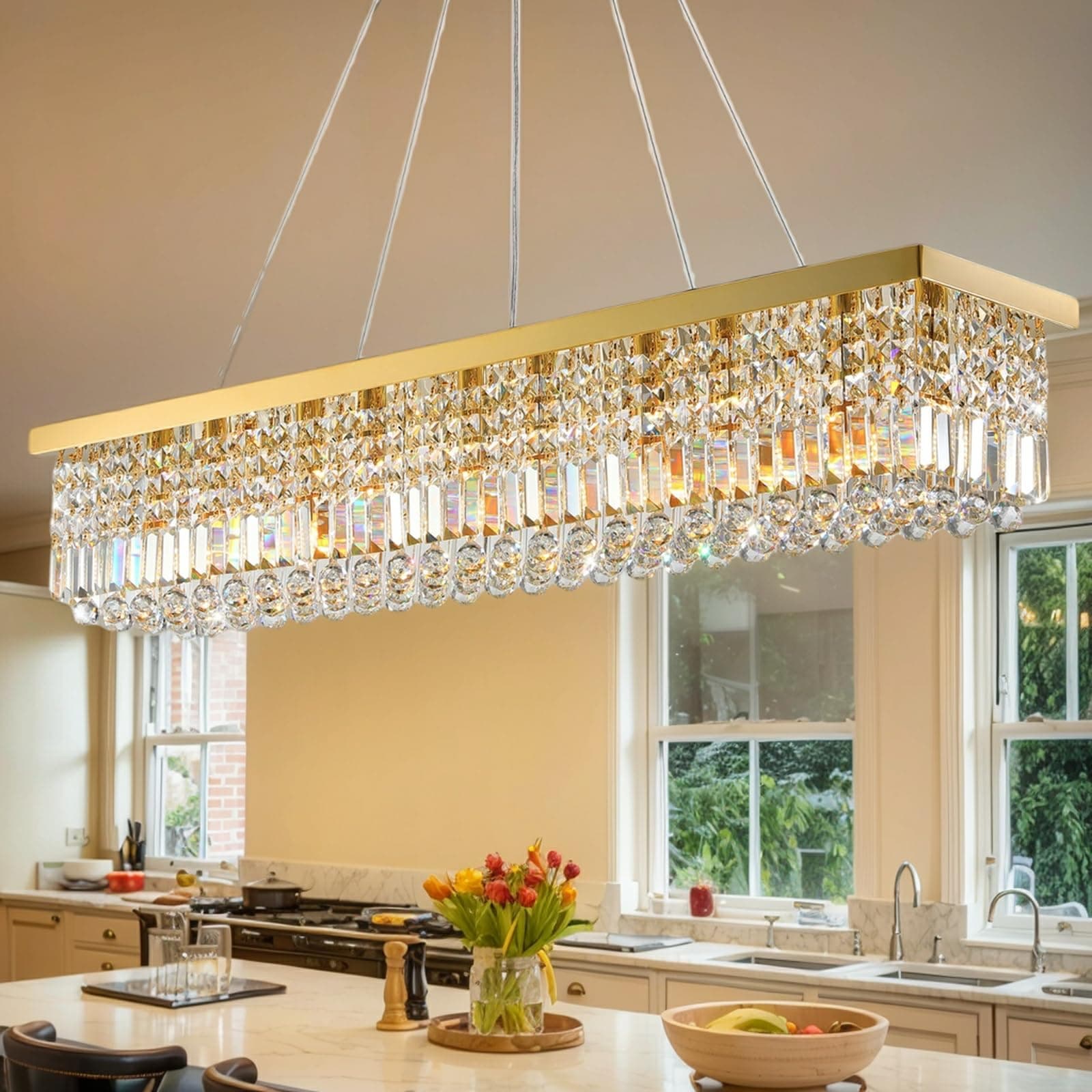 Tinkoso Modern Crystal Chandelier for Dining Room,10-Light K9 Rectangle Farmhouse Chandeliers,Gold Chandeliers,Pendant Light Kitchen Island Bar Bedroom Party Wedding Hotel