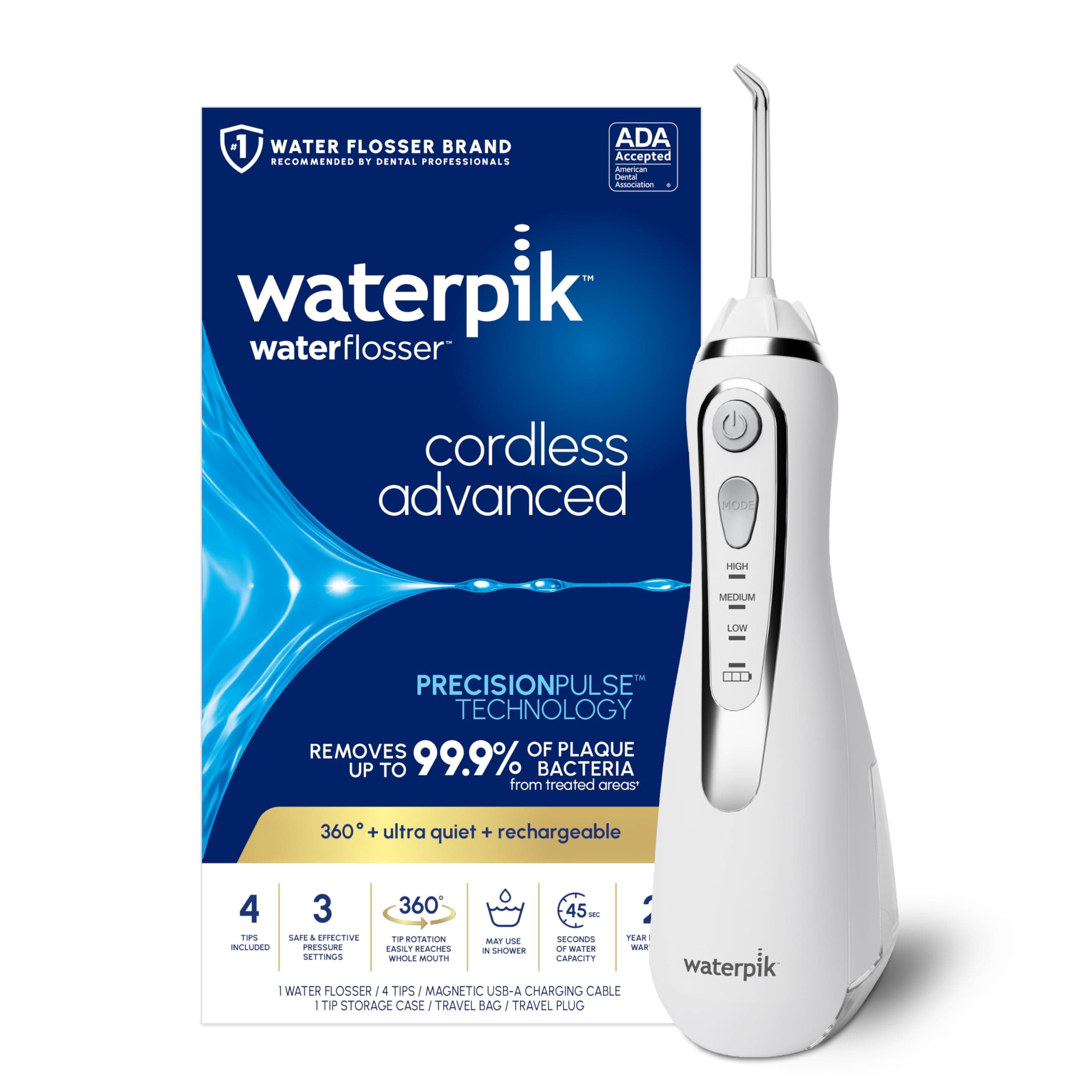 Waterpik Cordless Advanced 2.0 Water Flosser for Teeth, Gums, Braces, Dental Care with Travel Bag & 4 Tips, CDA Validated, Waterproof Rechargeable Handheld, White (1 Count) Packaging May Vary