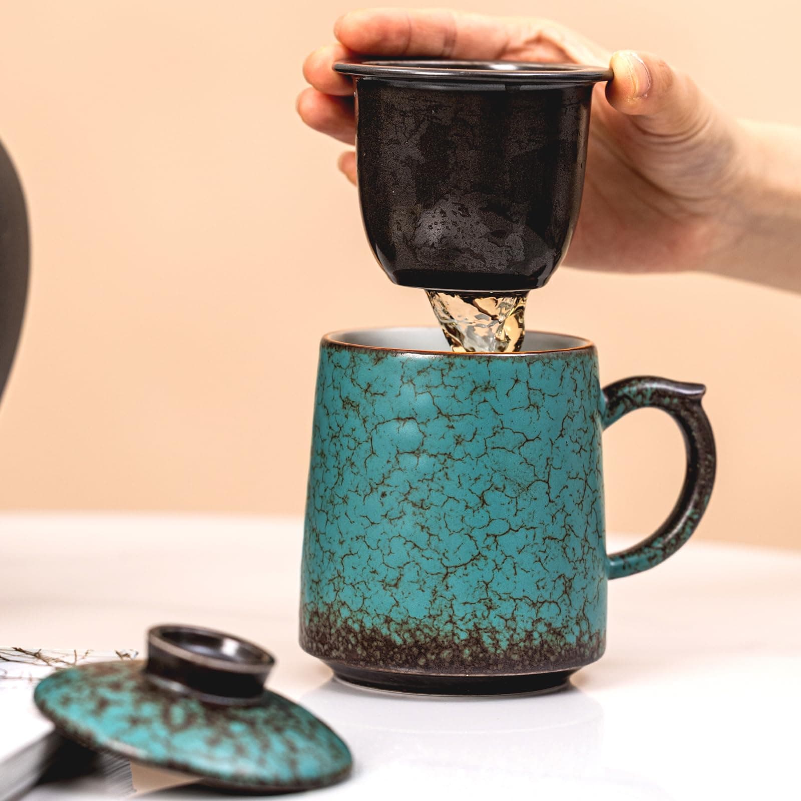 Ceramic Tea Mug with Infuser & Lid, 15oz Kiln-Transformed Unique Cup – Nature's Artisan Design, Loose Leaf Tea Cup with Infuser, Insulated Ceramic Coffee Mugs with Lid, Gift for Women/Men