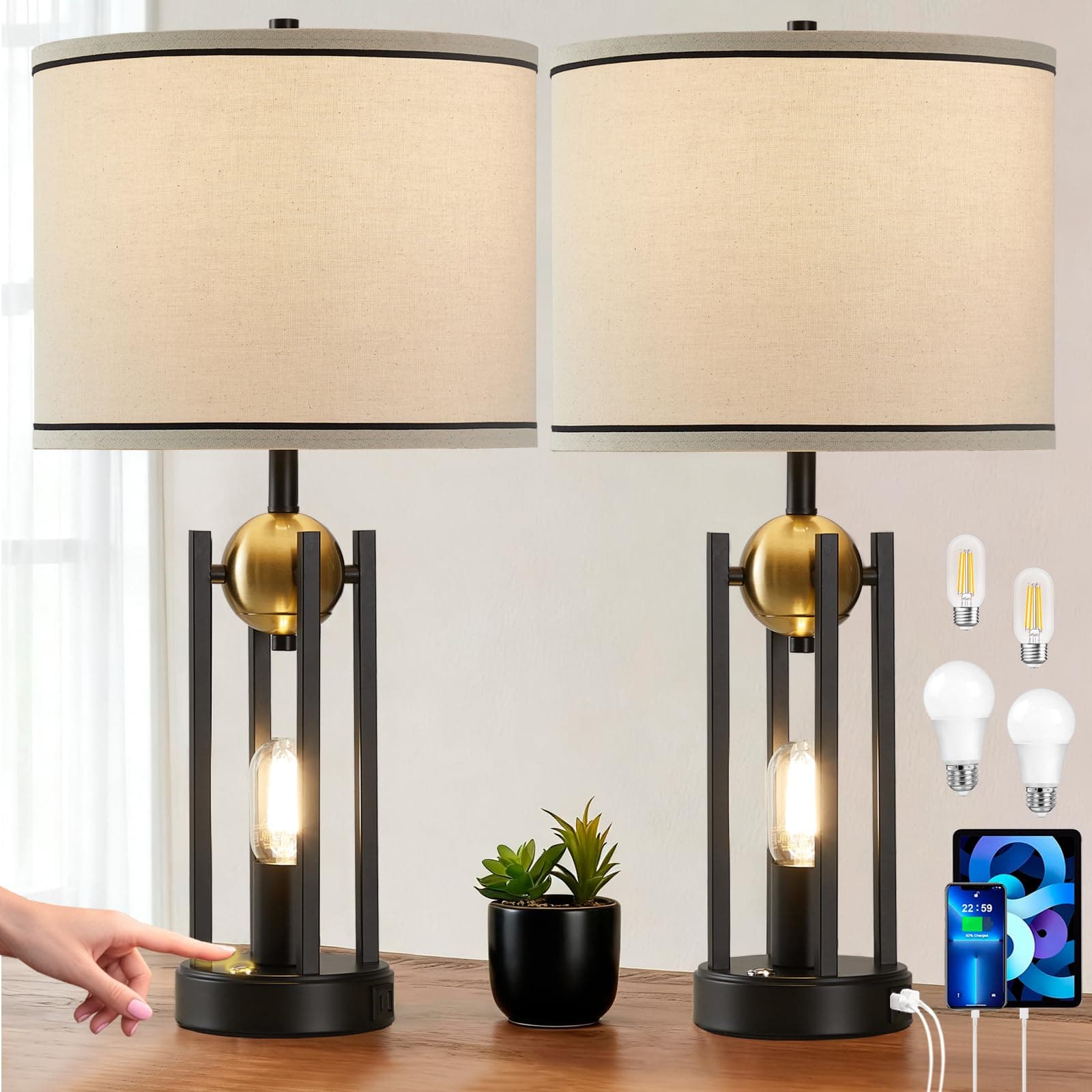 Leasgy Upgraded Dual-Light Table Lamp Set of 2, USB C+A Ports-Gold 25''
