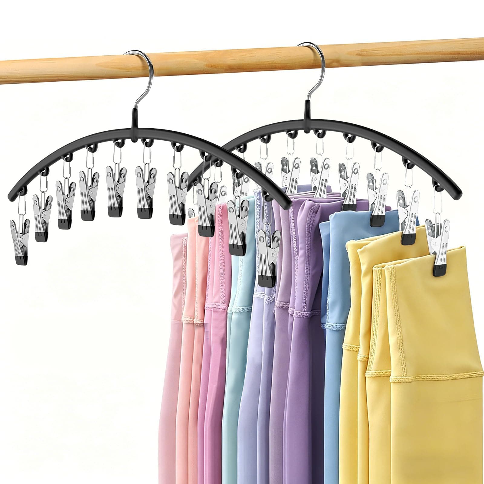 Volnamal Legging Organizer for Closet,2 Pack Metal Yoga Pants Hangers w/10 Clips Hold 20 Leggings,Space Saving Hanging Closet Organizer Clothes Hanger College Dorm Essentials Apartment Essential,Black