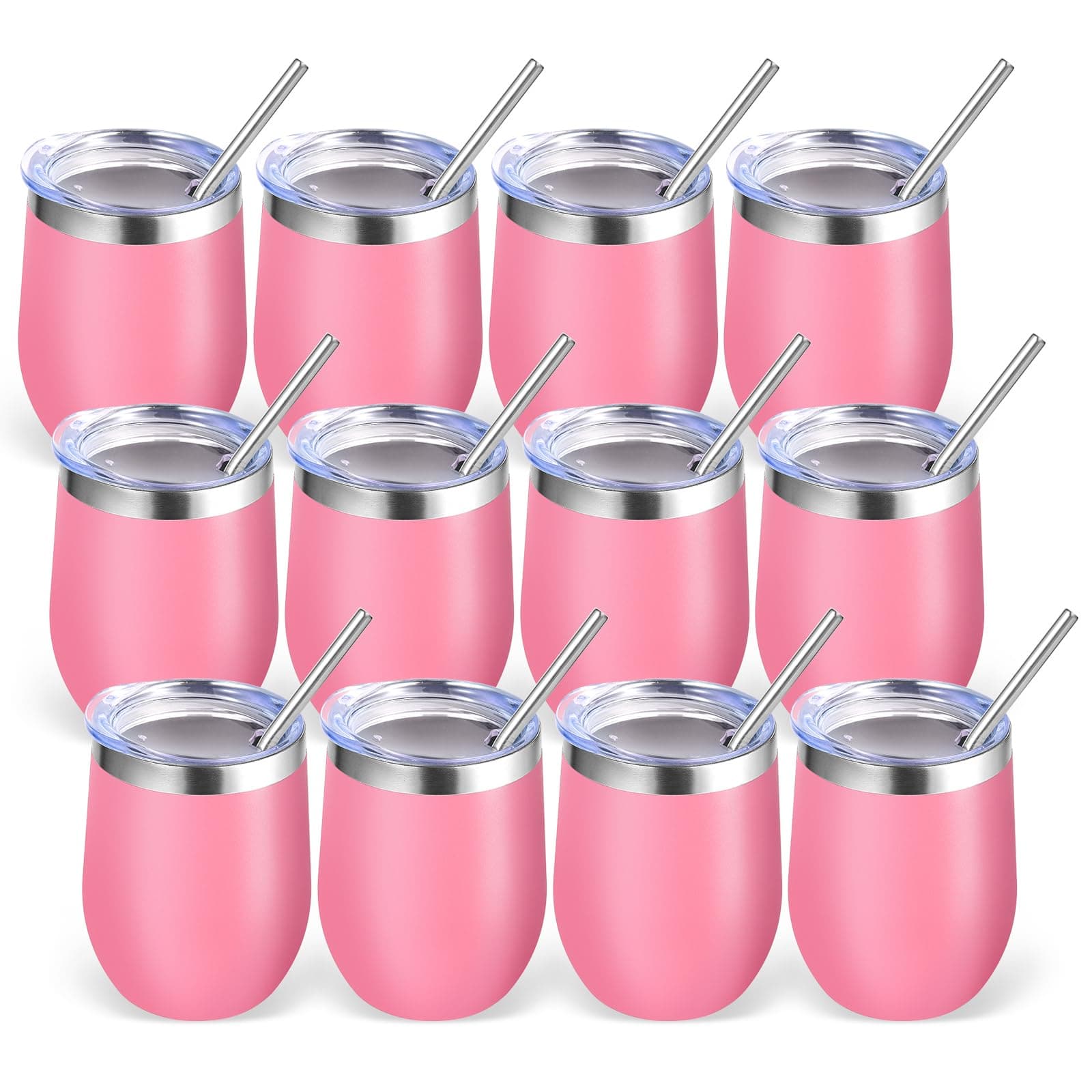 Volhoply 12oz Stainless Steel Wine Tumbler with Lid Bulk 12 Pack,Double Wall Vacuum Stemless Wine Glasses,Reusable Metal Travel Coffee Mug with Straw,Insulated Cups Gifts for Christmas(Pink,12 Set)