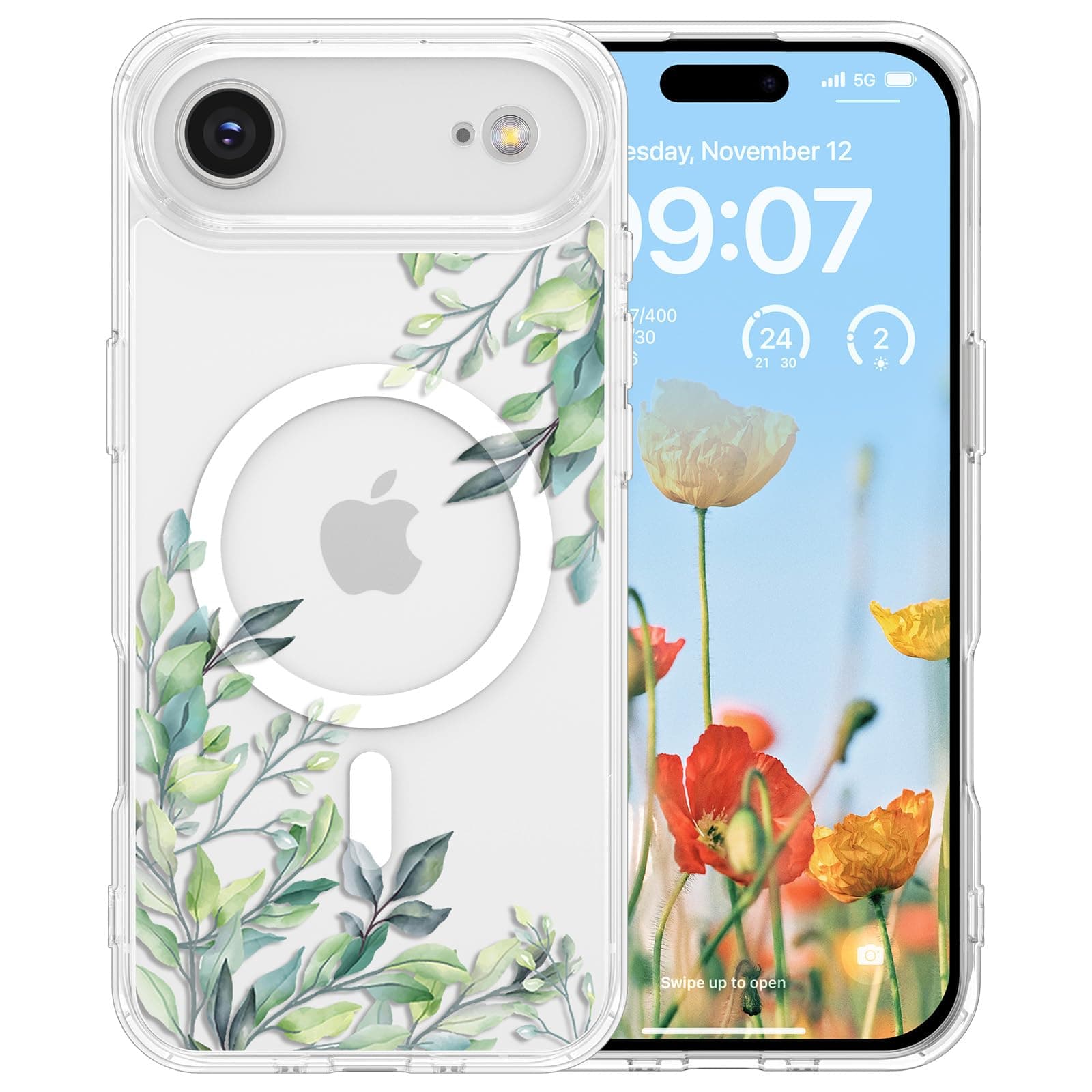 RALEAVO for iPhone Air Case Compatible with MagSafe Clear Floral Cover with Green Leaves Pattern for Girls Women Slim Cute Hard Back Shockproof Phone Case for iPhone Air,Transparent