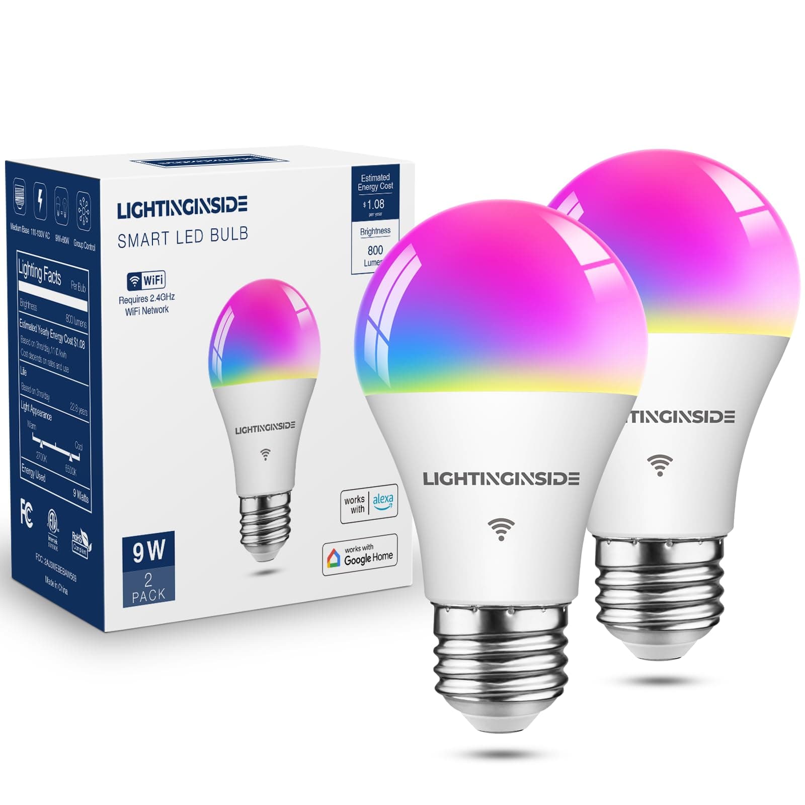 Lightinginside Smart Light Bulbs 60W Equivalent, WiFi Smart Bulb Compatible with Alexa/Google Assistant/Smart Life, A19 E26 RGBCW Color Changing, No Hub Required,2.4G WiFi, ETL Listed, 9W 800LM, 2PCS