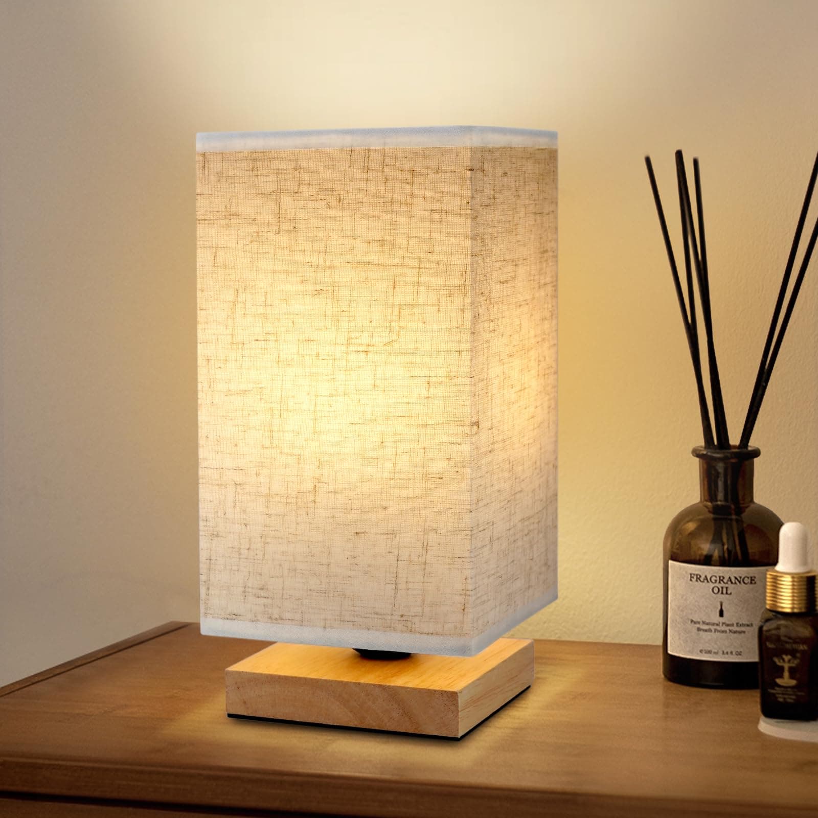SEENSINY Small Bedside Table Lamp, Nightstand Lamp with Square Flaxen Fabric Shade, Warm White Lamp for Bedroom, Side Table, Nursery, Kids Room, Reading Desk (Bulb Included)