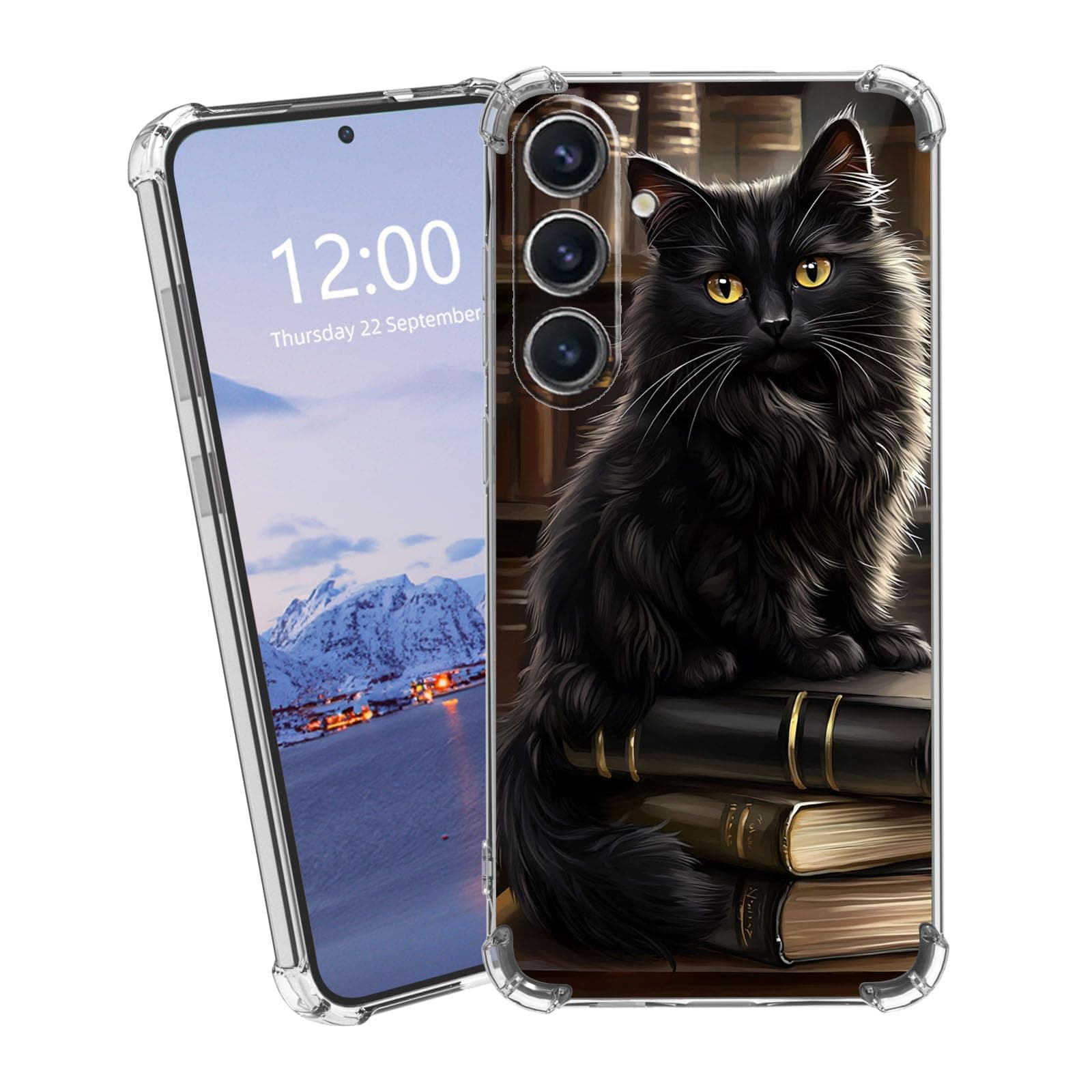 VACGBJPG for Samsung Galaxy A15 Phone Cover for Women Men with Shockproof Corners,Anti-Yellowing Transparent TPU Phone Case,Black Cat on Books