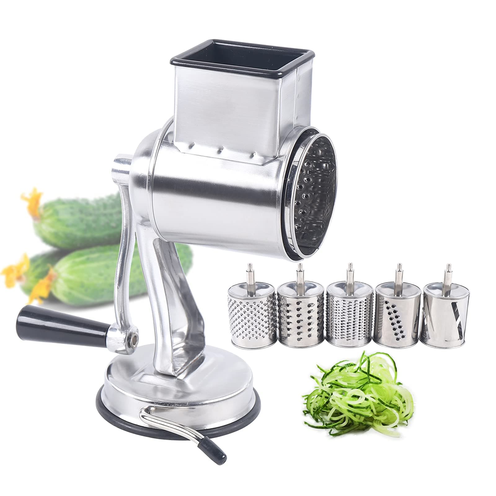 DOONARCES 5-in-1 Rotary Cheese Grater Hand Drum Slicer Manual Cheese Shredder Multi-function Stainless Steel Vegetable Chopper Cutter with 5 Blades for Fruit Potato Cucumber Lemon Nut, Silver(Type1)