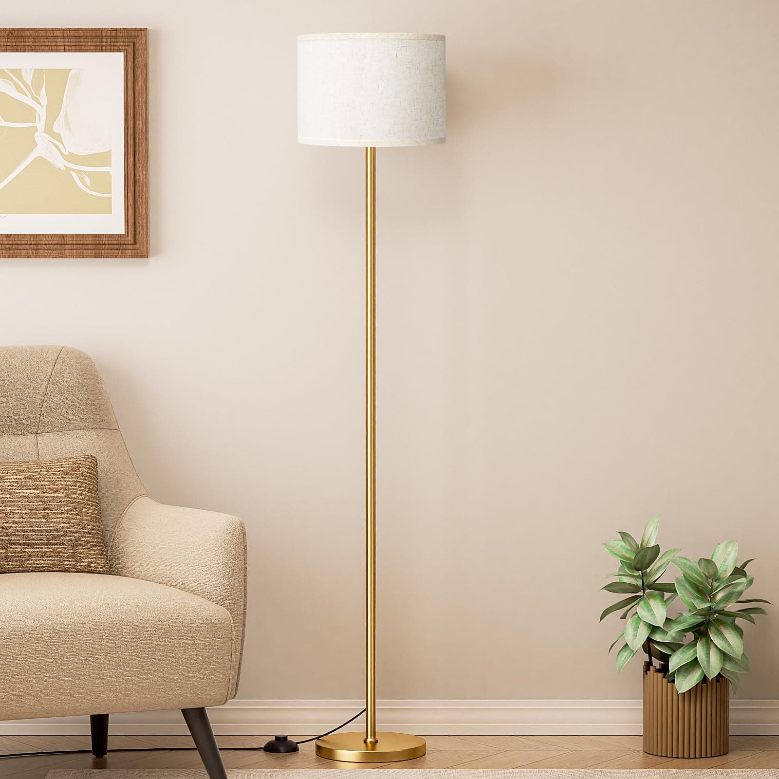 Ambimall Modern Floor Lamp with Beige Shade & Foot Pedal Switch, Gold