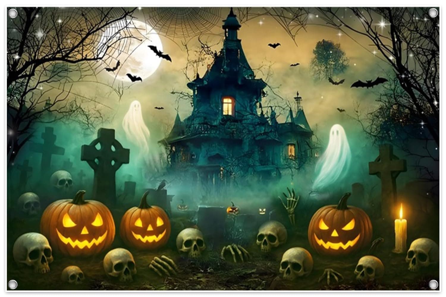 XMJJKUF Halloween Haunted House Backdrop Polyester 16x7ft Pumpkin Lantern Spooky Night Moon Castle Background Halloween Fabric Backdrops for Wall Party Decorations Banner Photo Booth
