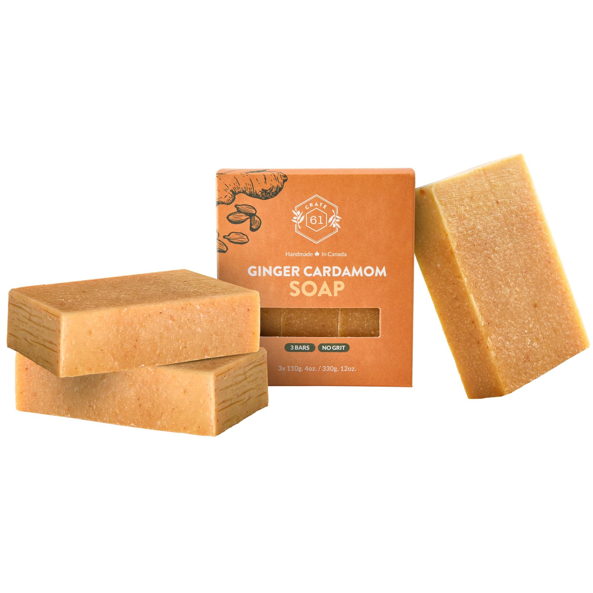 CRATE 61 ORGANICS Vegan Natural Bar Soap, Handmade Soap With Premium Essential Oils, Cold Pressed Face And Body For Men Women 3 Pack, (4 oz, Bars) (Ginger Cardamom)