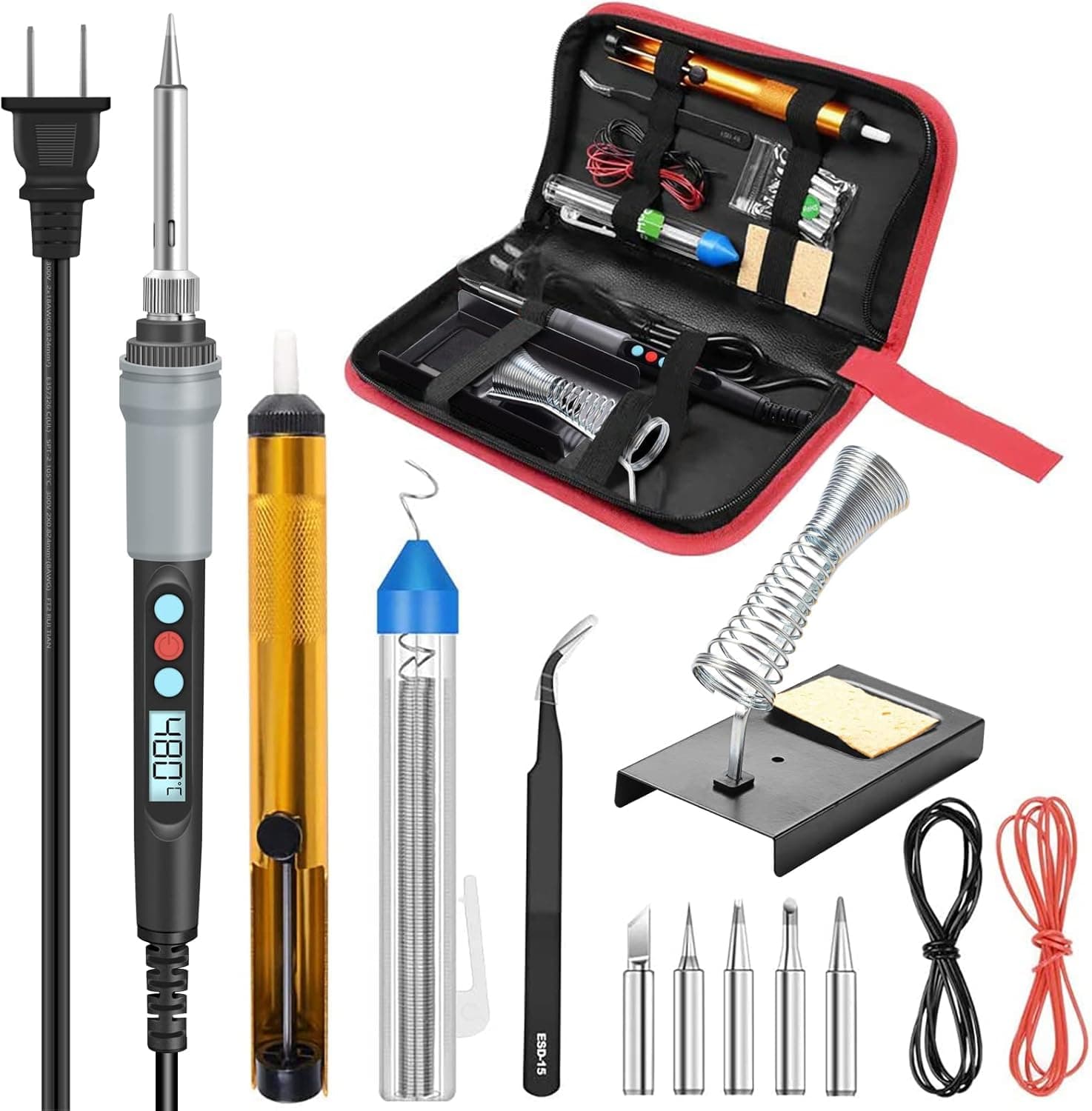 90W Soldering Iron with LCD Adjustable Temp 180-480°C, Soldering Kit with 5 Tips, Desoldering Pump, Solder Wire, Tweezers, Iron Stand, Sponge, Power Cords - Ideal for Solder Iron Electronics Repairs