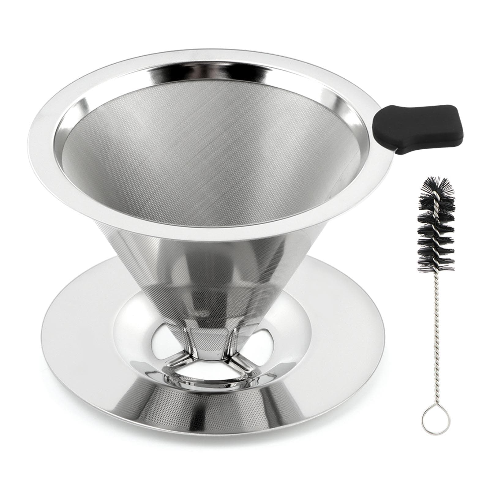 Pour Over Coffee Dripper, Stainless Steel Cone Coffee Filter with Base, Dual-Layer Fine Mesh Coffe Filter, Paperless Reusable Cone Coffee' Maker Dripper with Cleaning Brush(SIZE:S)