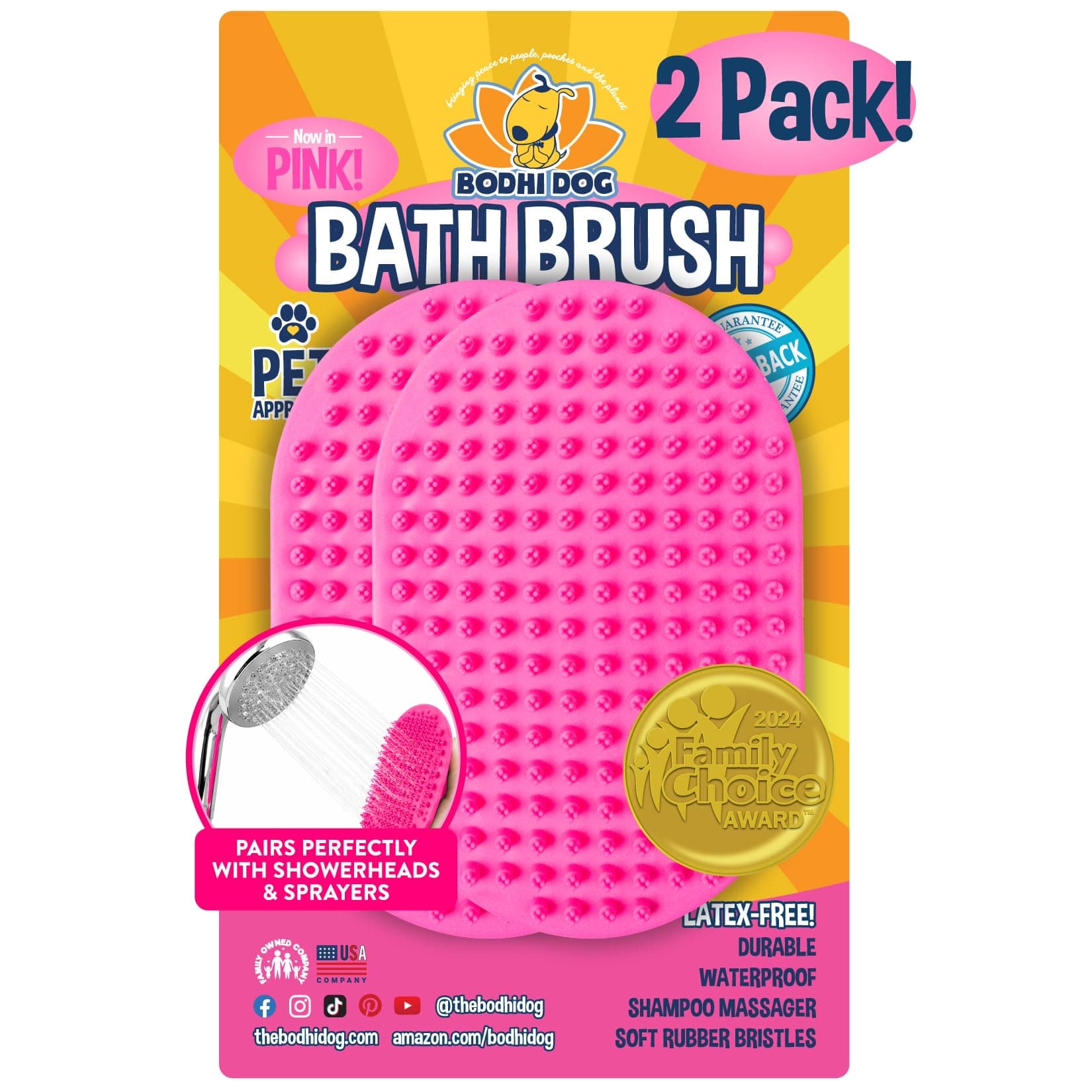 Bodhi Dog Shampoo Brush - Pet Grooming & Bath Supplies for Dogs and Cats - Bath Brush for Long & Short Hair - Premium Scrubber for Shower, Bathing & Massage (Two Pack, Pink)
