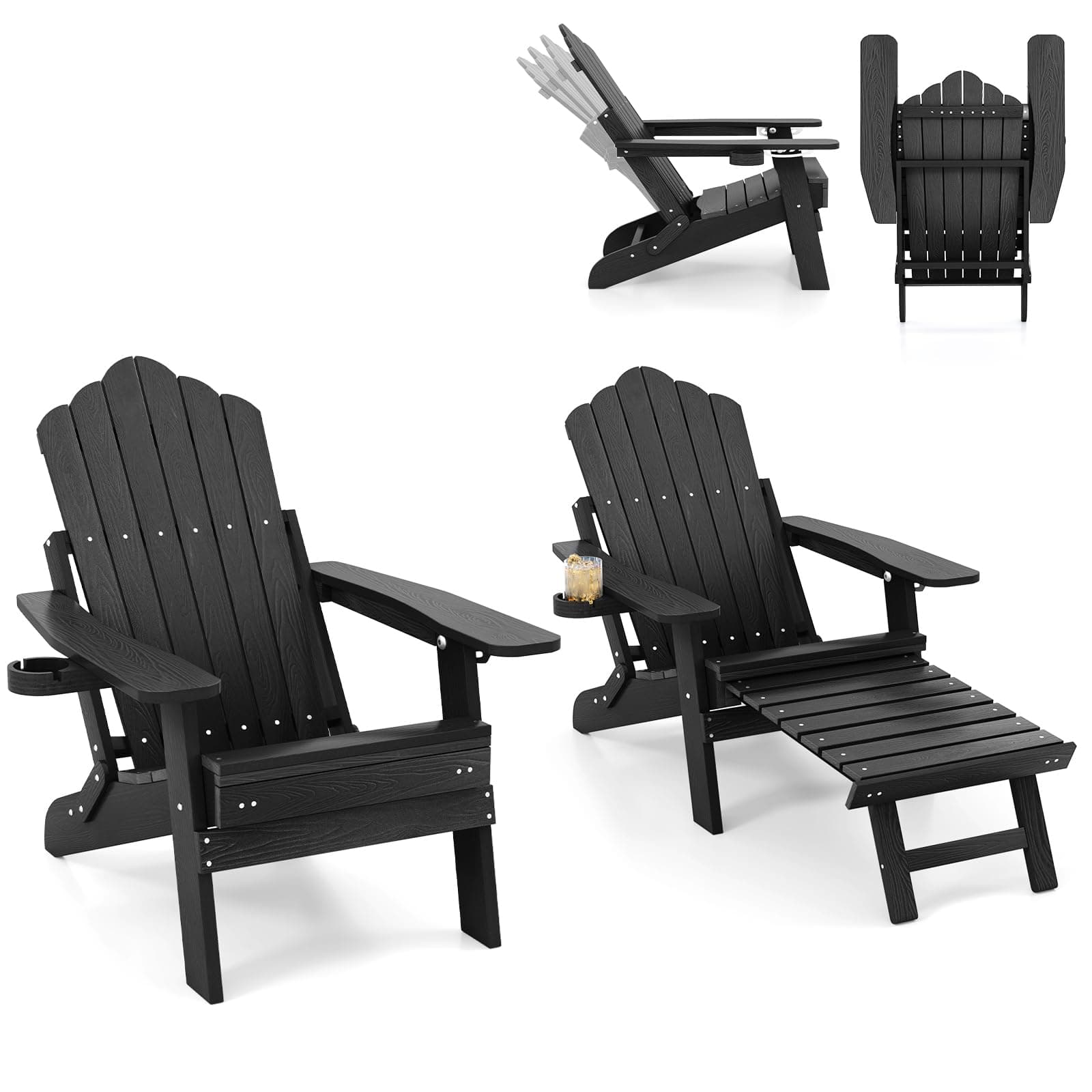 ORALNER Set of 2 Folding Adirondack Chairs with Adjustable Backrest, Retractable Ottoman, Cup Holder, HIPS Plastic Resin Outdoor Lounger for Patio, Deck, Yard, Porch, Fire Pit, Pool, Lawn (2, Black)