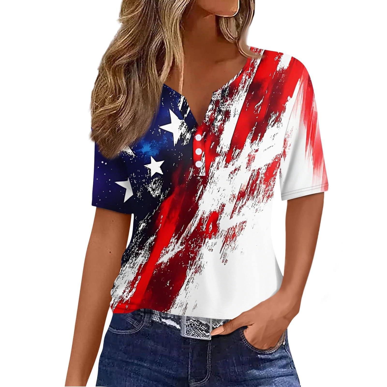 HYYGOCCTV Graphic Tees for Women Fourth of July Henley V Neck Clothing Trendy 2025 American Flag Button Down Shirts Short Sleeve Independence Day Clothes Summer Party Wear White,XL