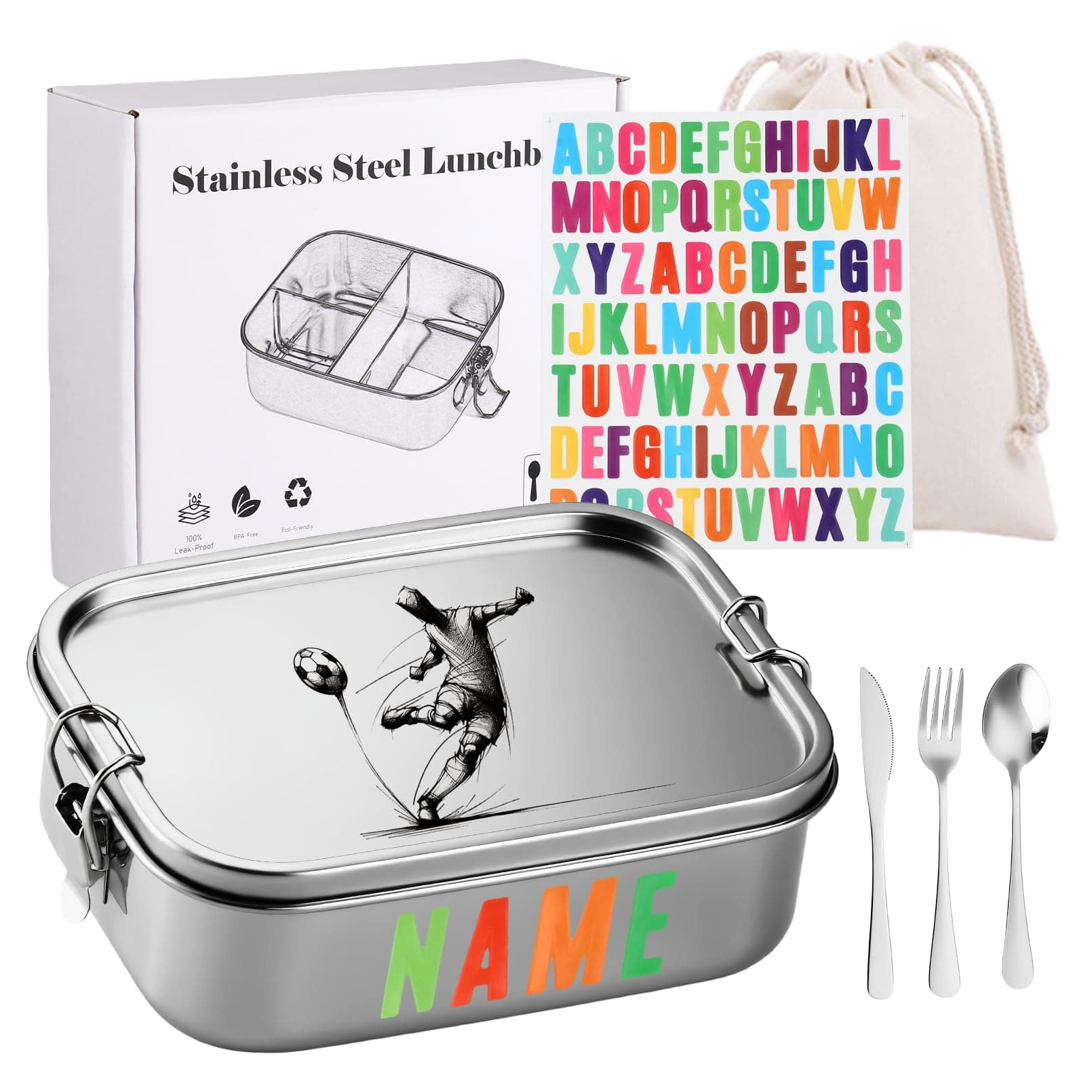 Stainless Steel Lunch Box,Bento Box with Fork and Spoon Featuring 3 compartments Metal Lunchbox Engraved Pattern with Lockable Clips to Leak Proof (Soccer Ball, 1000ML)