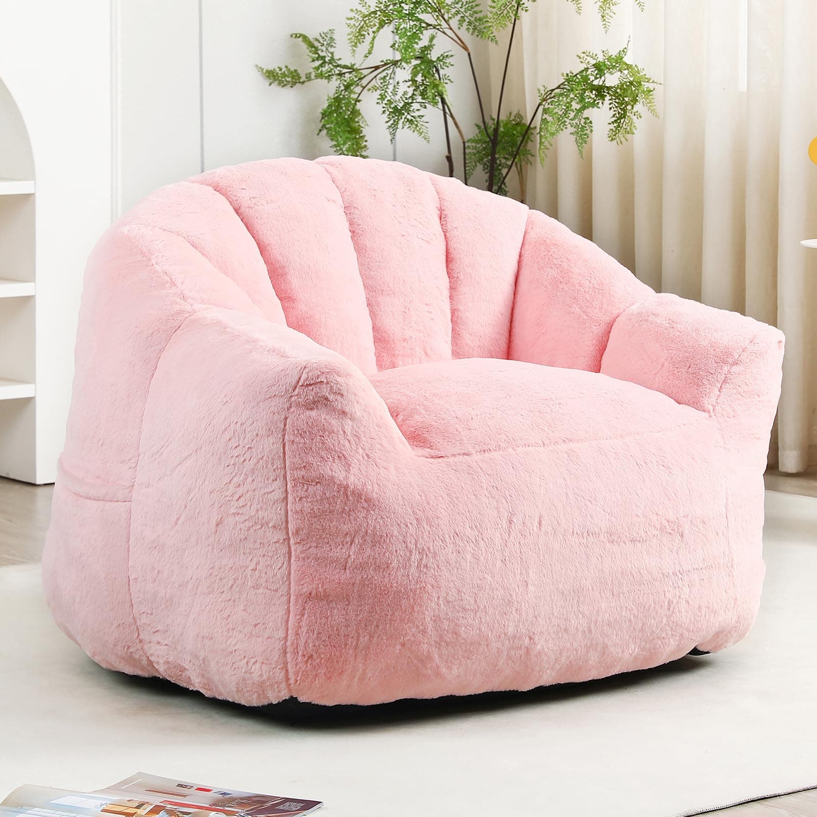Sudwesto Bean Bag Chair, Faux Fur Upholstered Beanbag Chair with Memory Foam, Large Bean Bag Couch with Unique Cat's Paw Shape Design, Comfy Lazy Sofa for Living Room (Pink)