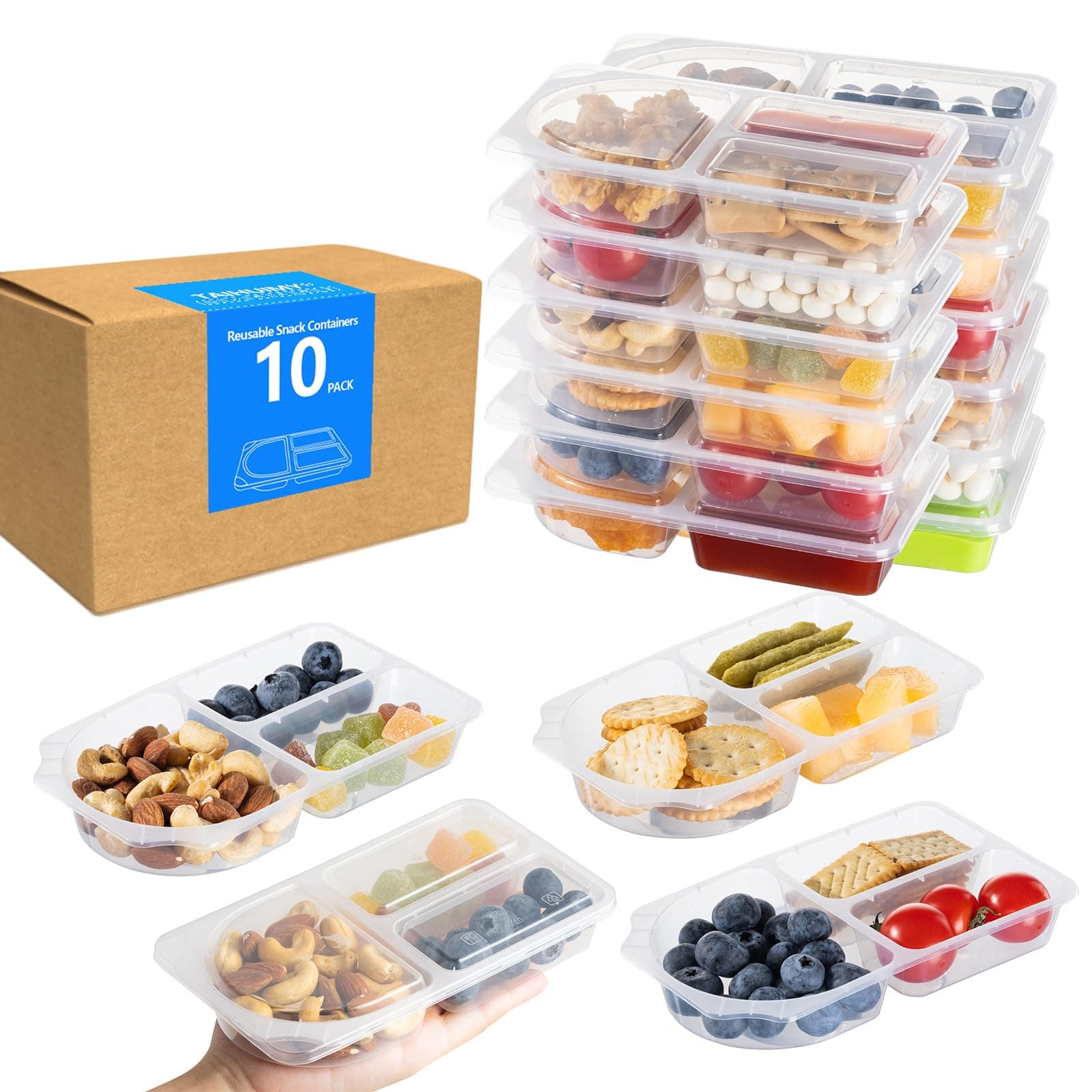 Reusable Snack Containers with Lids for Kid, New 3 Compartment Large Capacity Condiment Portion Control Meal Prep Containers for School lunch, Go out Travel, Party (9 oz(10Pcs))
