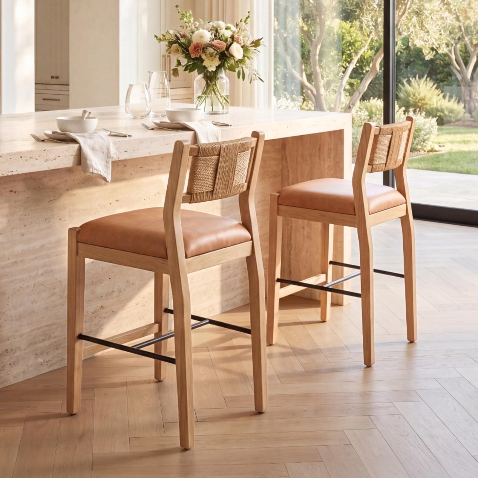CIMOTA Rattan Counter Height Bar Stools Set of 2, 26" Farmhouse Barstools with Woven Backs, Boho Wood Bar Chairs PU Leather Upholstered Counter Stools for Kitchen Island/Counter/Bar, Brown