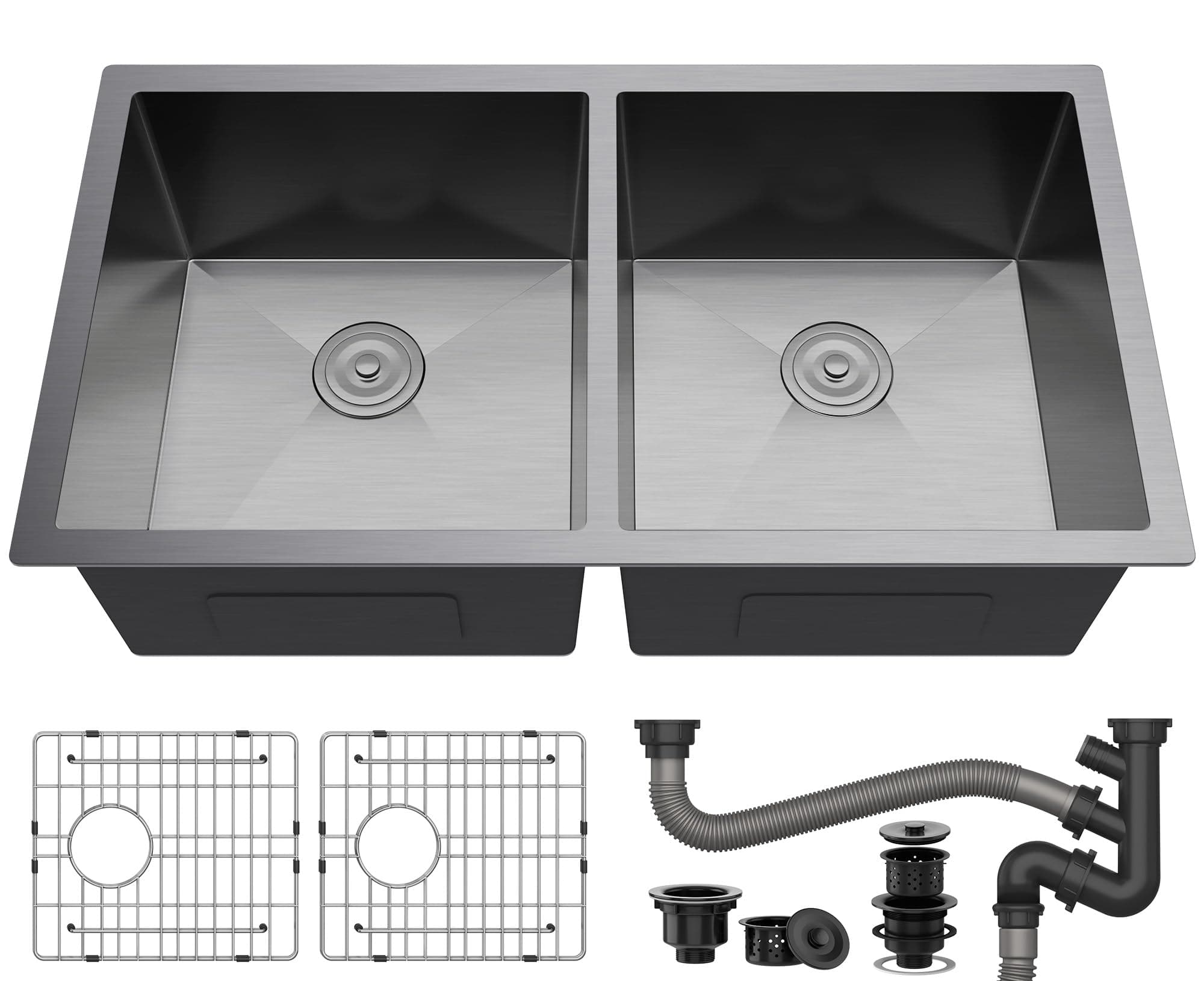 YITAHOME Gunmetal Black Undermount Kitchen Nano Sink 33in 50/50 Double Bowl