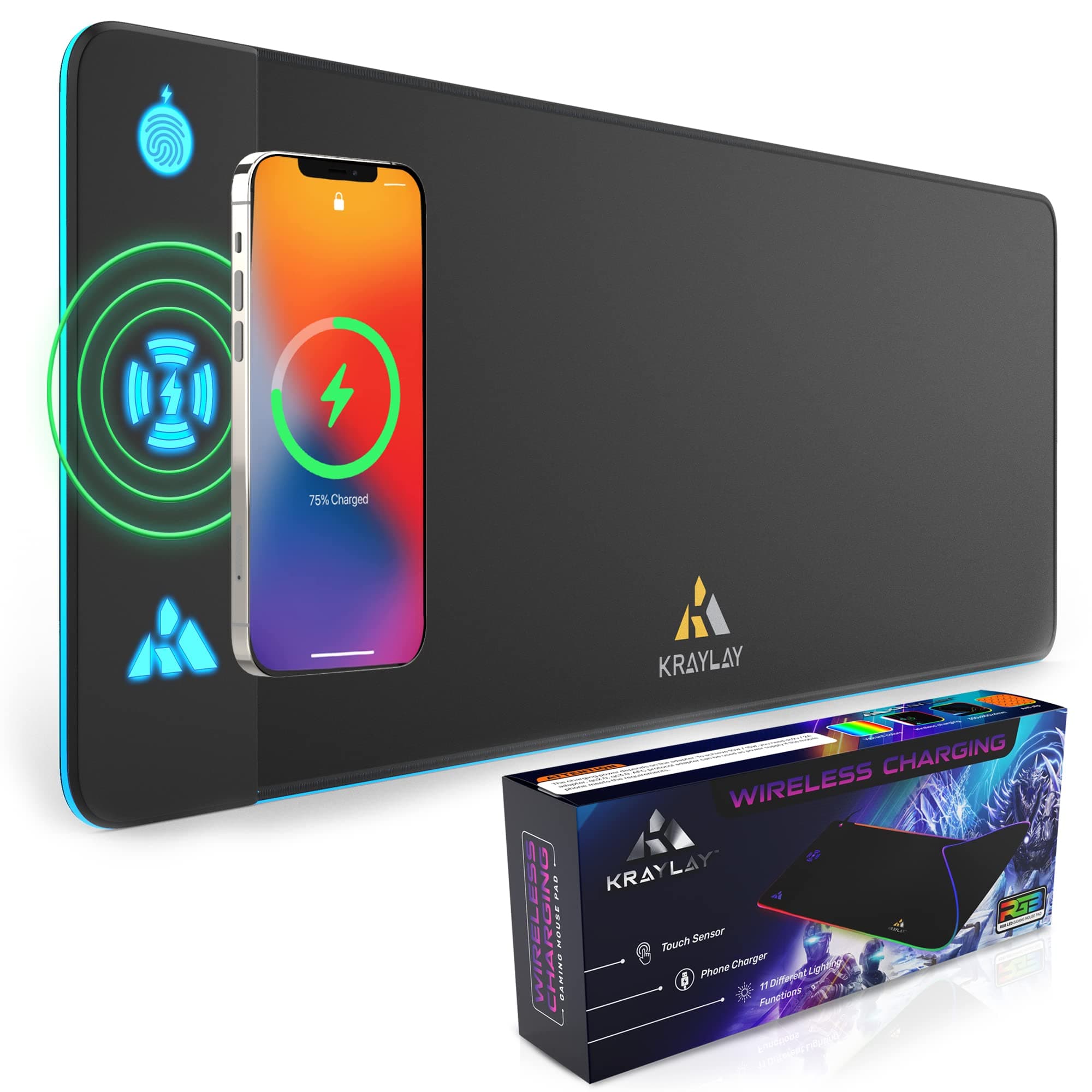 Kraylay XXL RGB Gaming Mouse Pad with Wireless Charger, 11 Colors LED Mouse Mat with 10W Fast Charging, Non Slip Extended Big Mousepad, Black Gaming Mouse pad for Laptop, PC, Office, and Gaming