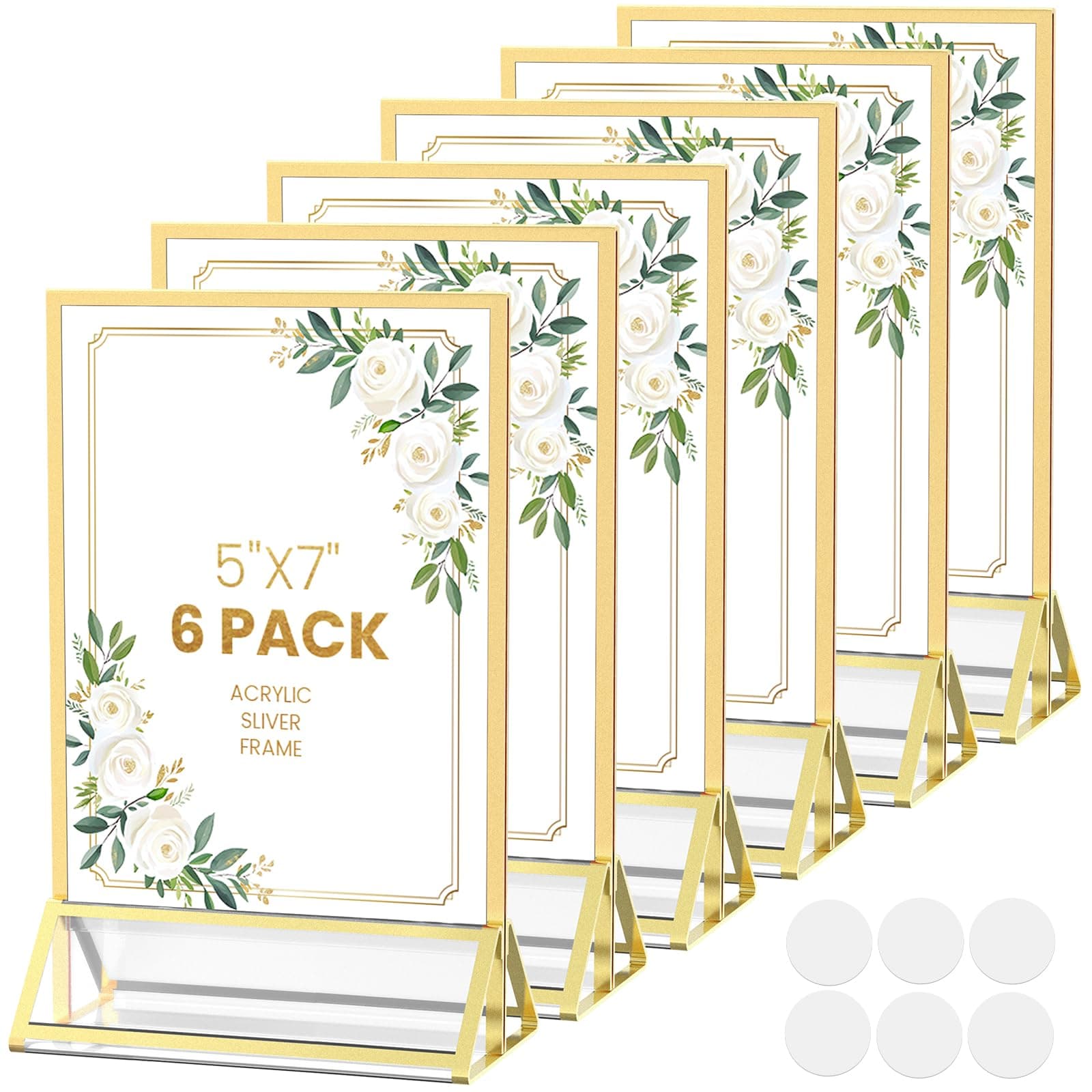 YOAEAILY Acrylic Sign Holder 5X7 Gold Picture Frame Double-Sided Acrylic Frames for Wedding Table Numbers Photo Frames Flyers Menu with Removable Sticky Dots-6 Pack