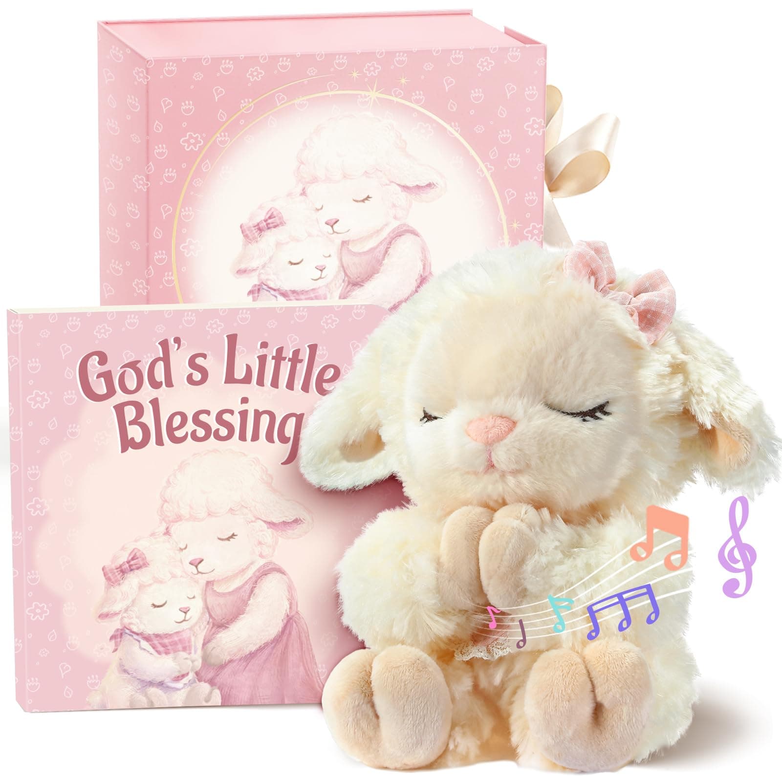 Baptism Gifts for Girl, Catholic Christening, Baby Dedication & Baptismal Gift Set for Baby Girls & Kids - with 9" Musical Praying Lamb Plush Toy & God's Little Blessing Book in Keepsake Box