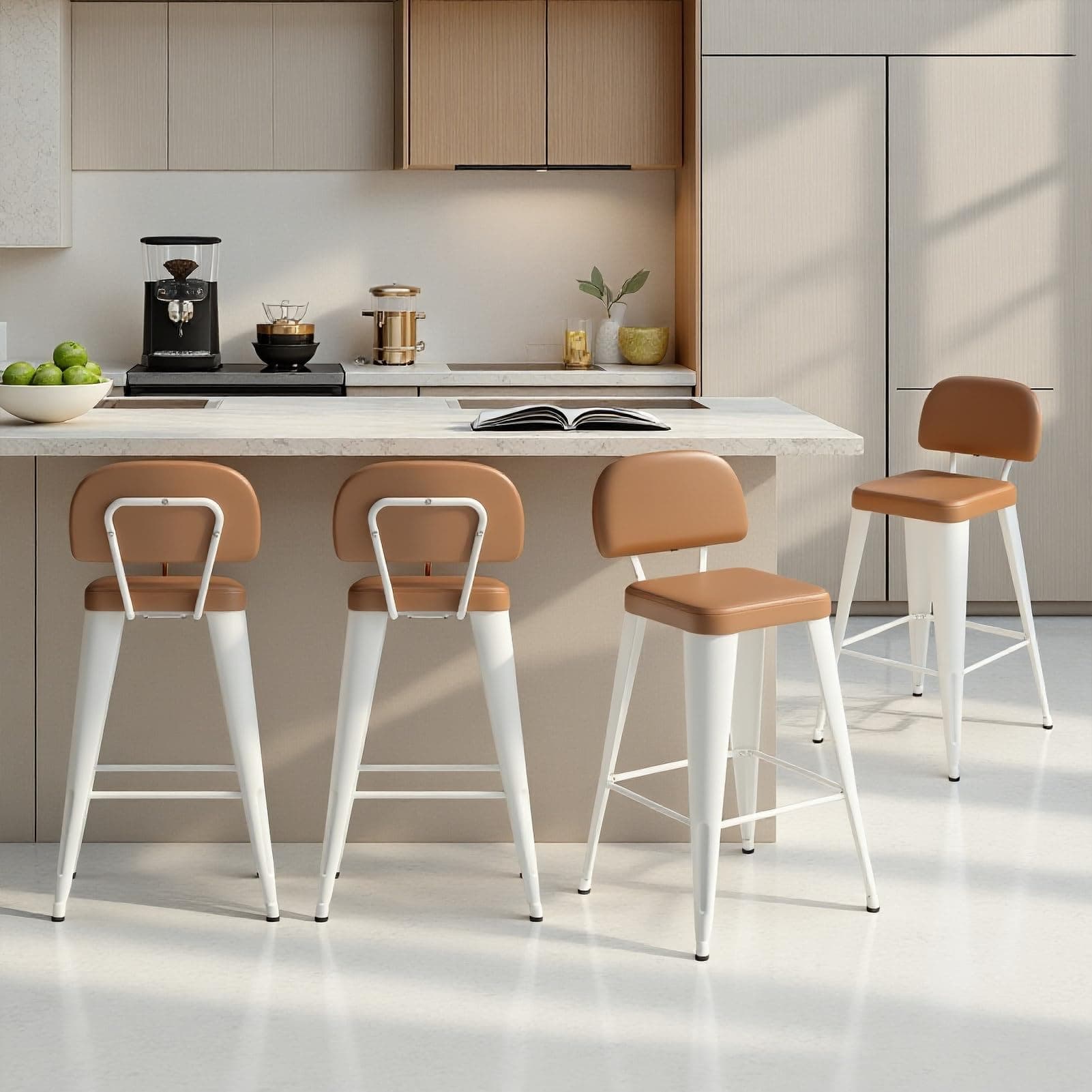 Tbillionnext 24" Bar Stools Set of 4, Faux Leather Counter Height Barstools with Low Back, Upholstered Bar Chairs with Pet-Friendly Design, Caramel Brown